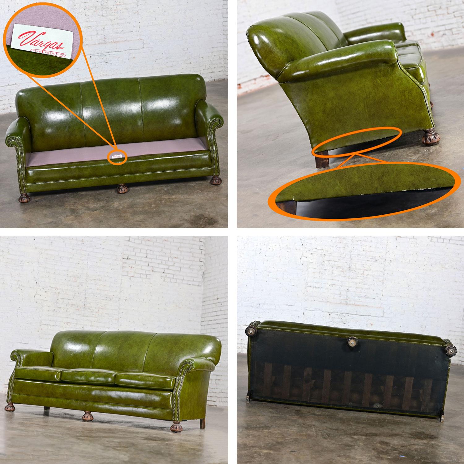 1940-1950’s Traditional Green Naugahyde Faux Leather Lawson Club Style Sofa For Sale 11