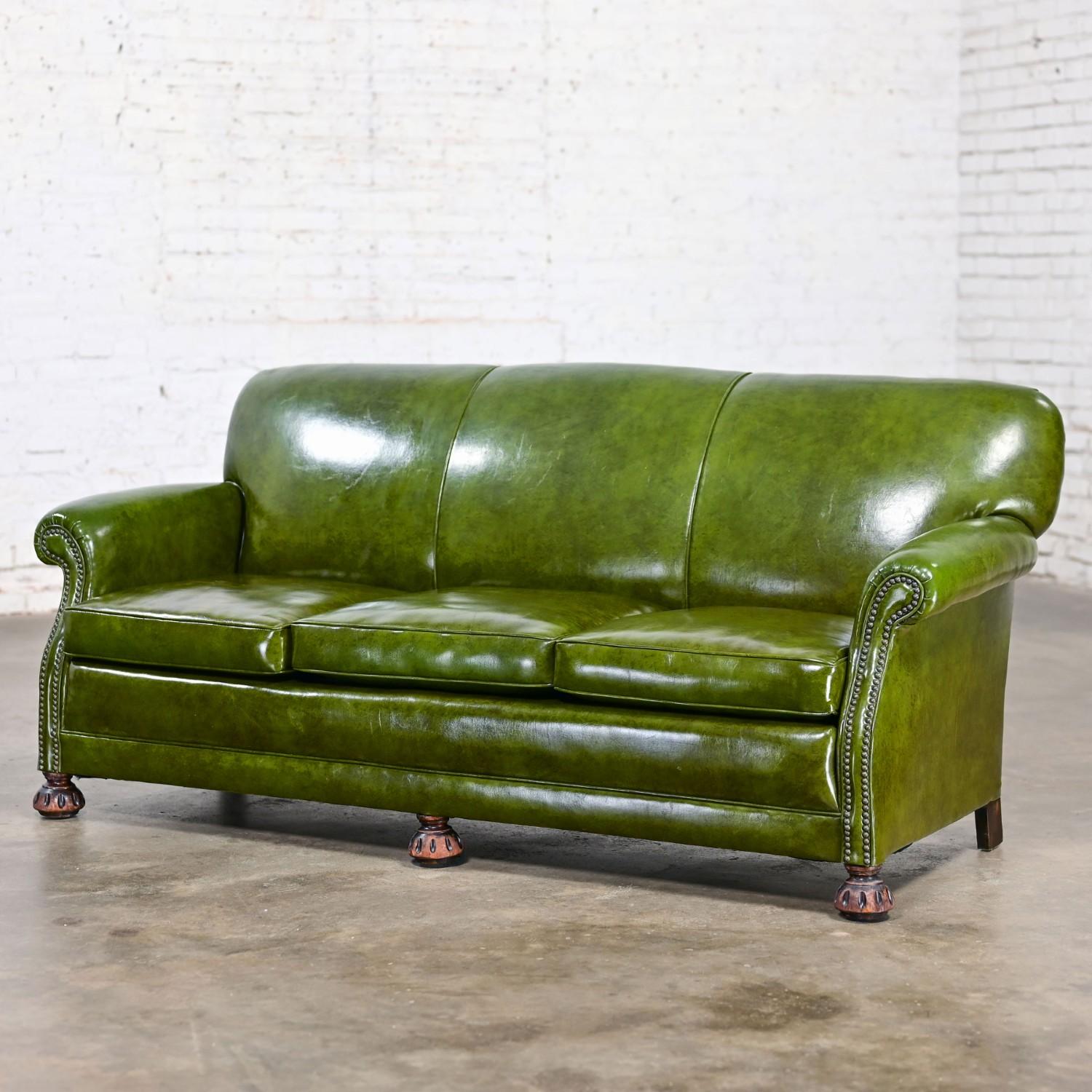 American 1940-1950’s Traditional Green Naugahyde Faux Leather Lawson Club Style Sofa For Sale