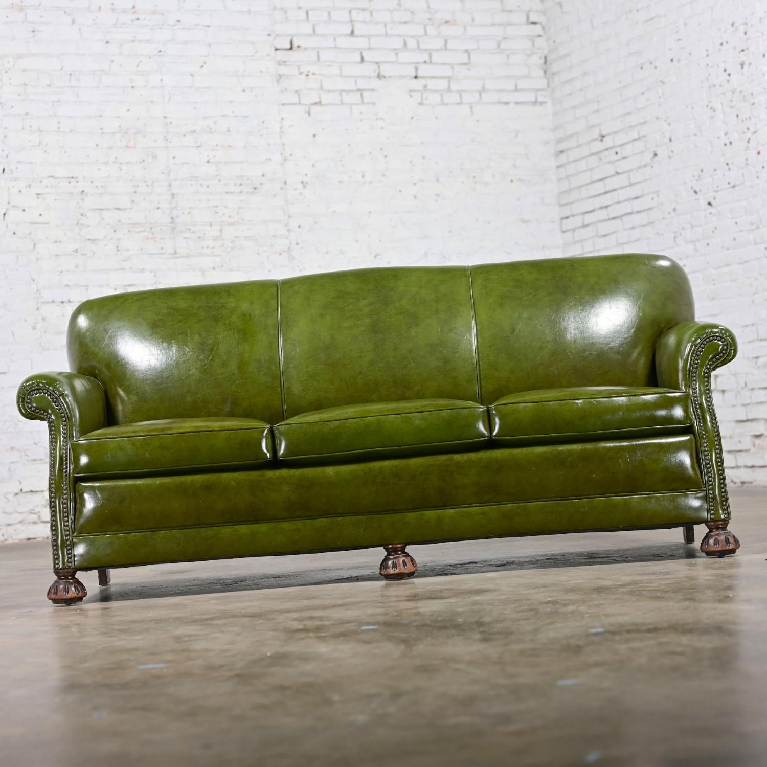 Stained 1940-1950’s Traditional Green Naugahyde Faux Leather Lawson Club Style Sofa For Sale