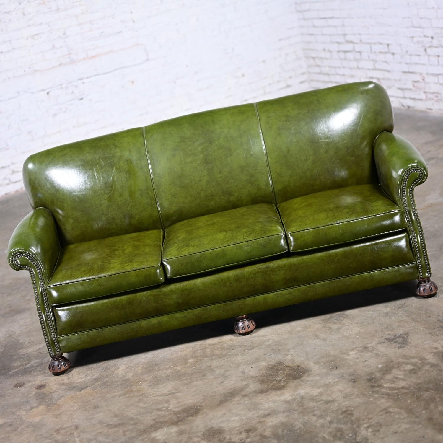 Brass 1940-1950’s Traditional Green Naugahyde Faux Leather Lawson Club Style Sofa For Sale