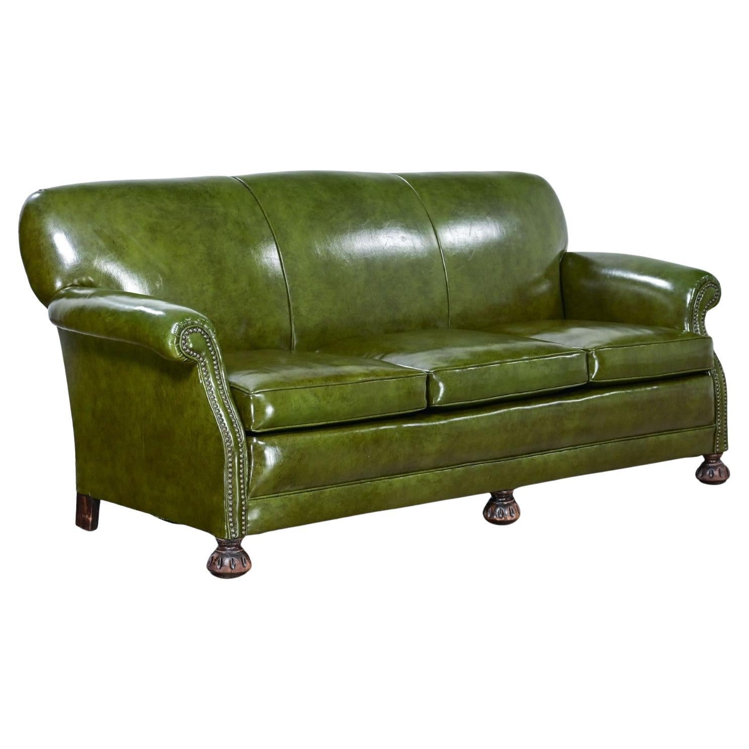 1940-1950’s Traditional Green Naugahyde Faux Leather Lawson Club Style Sofa For Sale