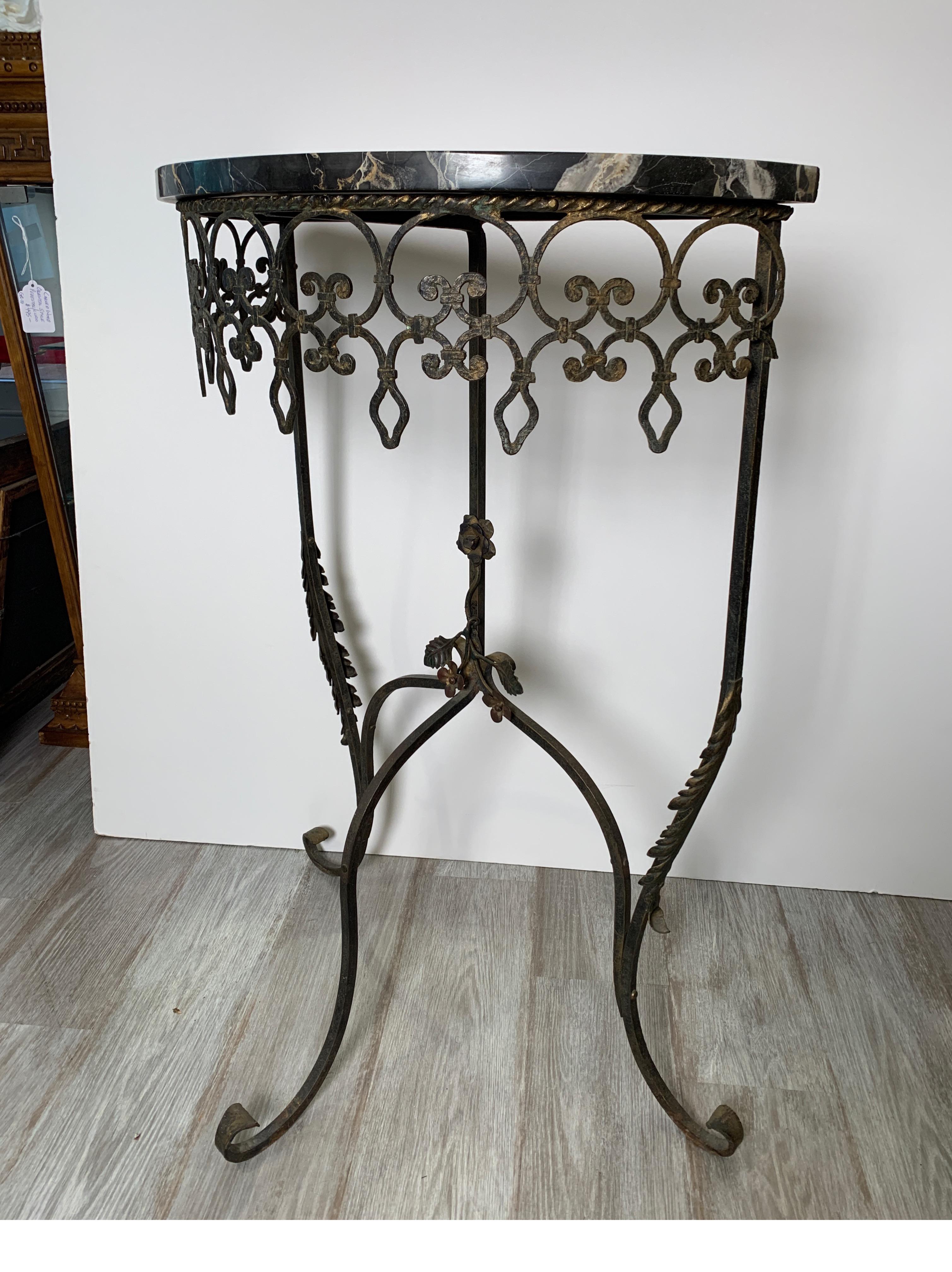 1930s Wrought Iron Marble Top Half Round Console Table In Good Condition In Lambertville, NJ