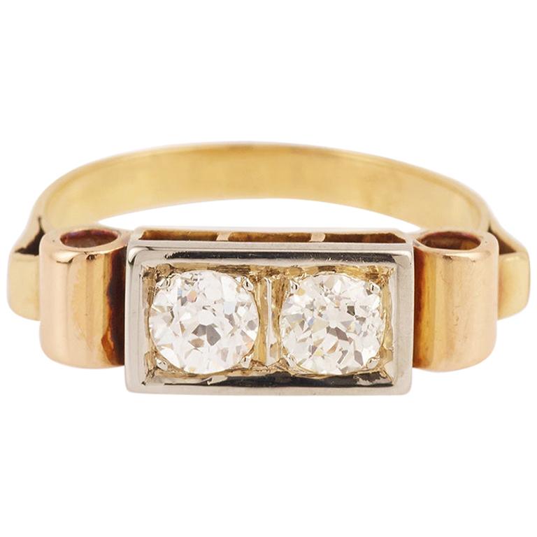 1940 2 Diamonds 18 Karat Yellow Gold Signet Ring