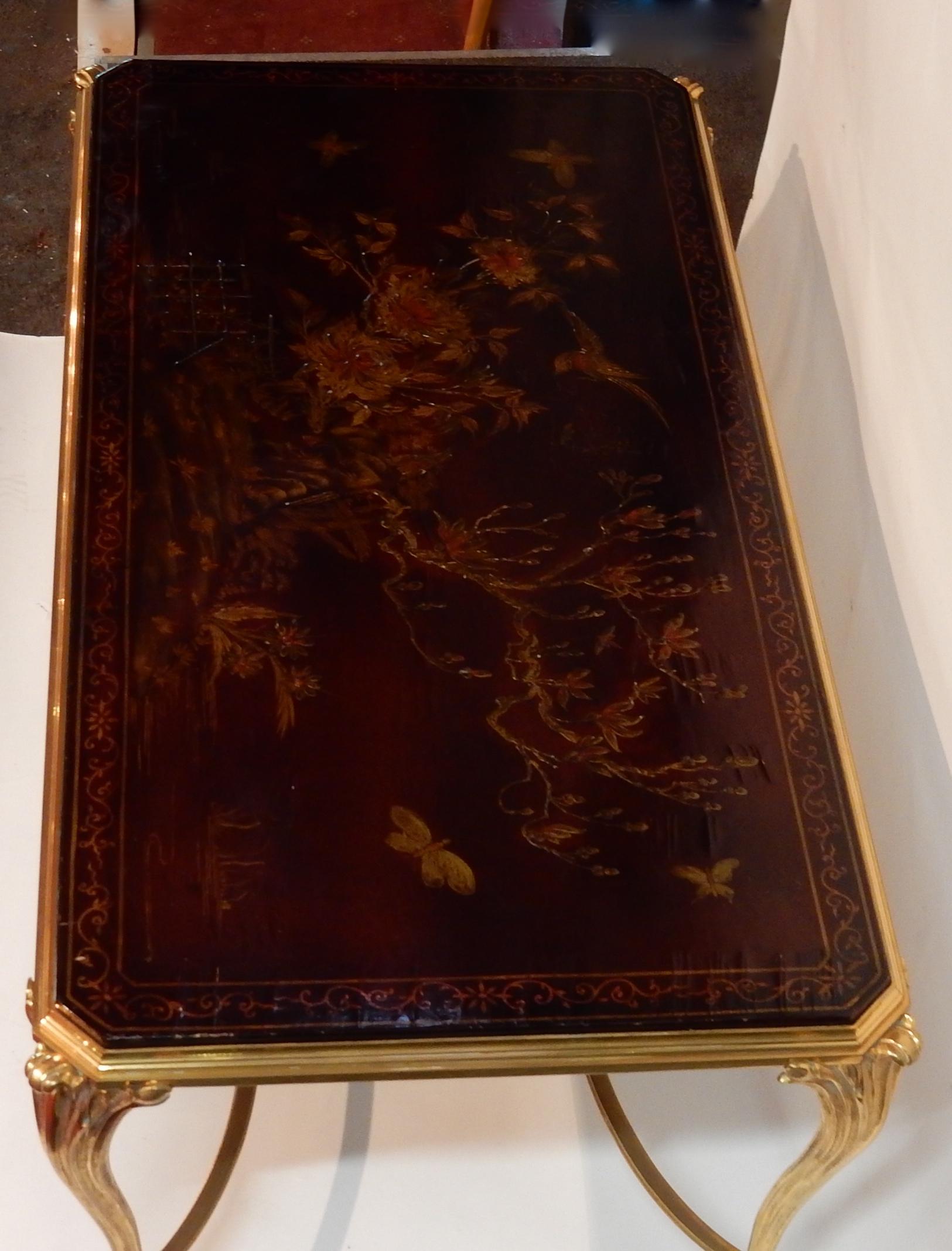 Gilt Coffee Table Tray Lacquer of China Style Maison Baguès in Gilded Bronze For Sale