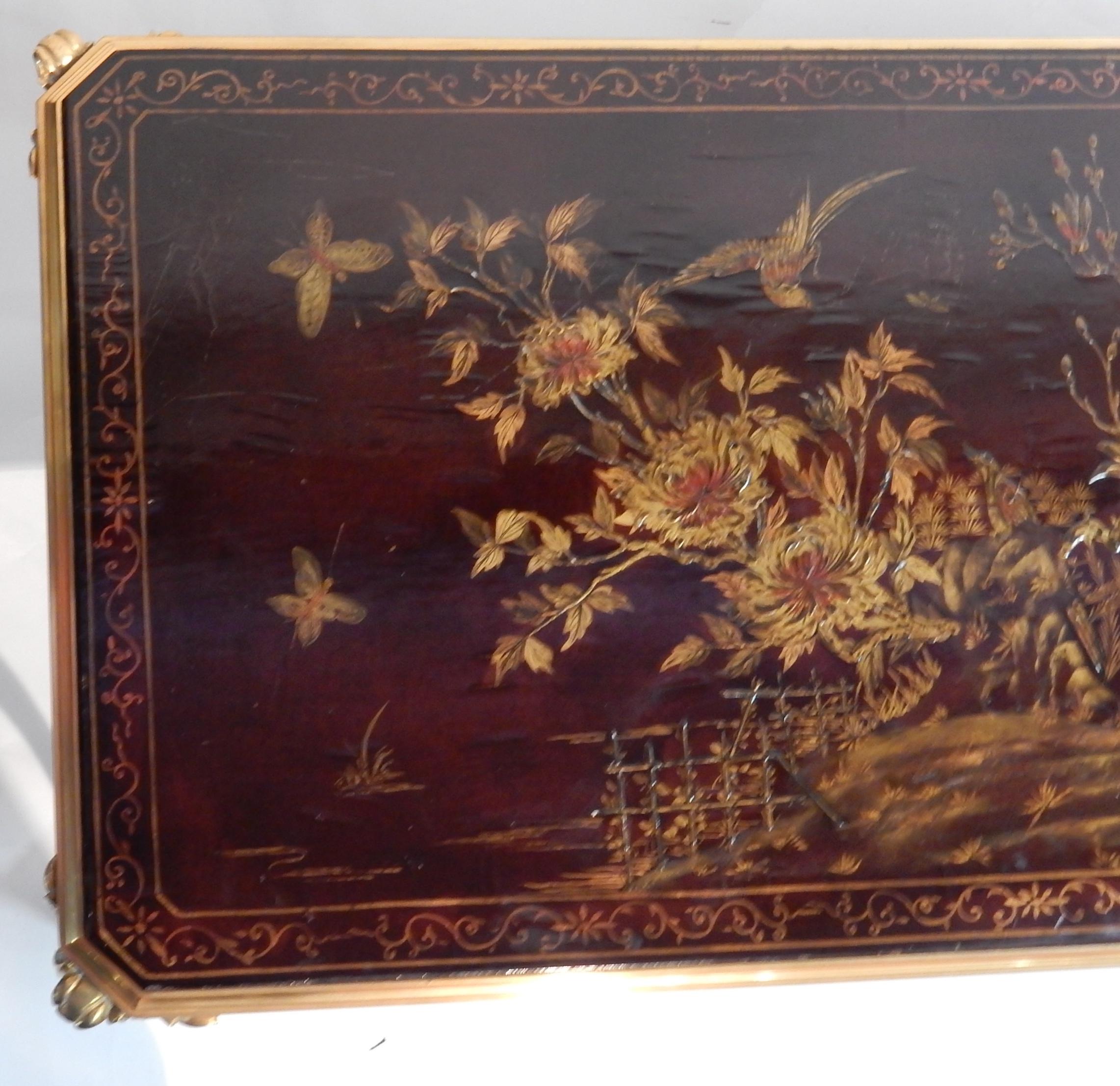 Coffee Table Tray Lacquer of China Style Maison Baguès in Gilded Bronze In Good Condition For Sale In Paris, FR