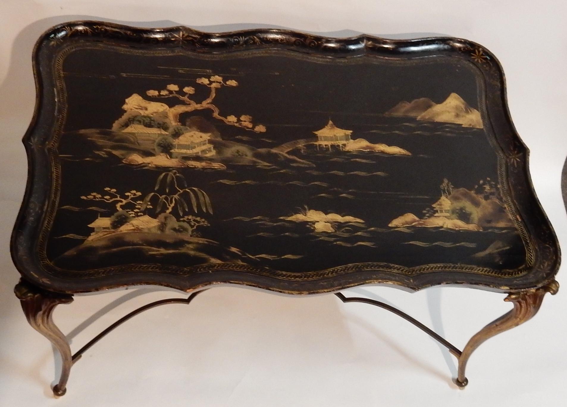 Coffee Table Tray Lacquer of China Style Maison Baguès in Gilded Bronze In Good Condition For Sale In Paris, FR