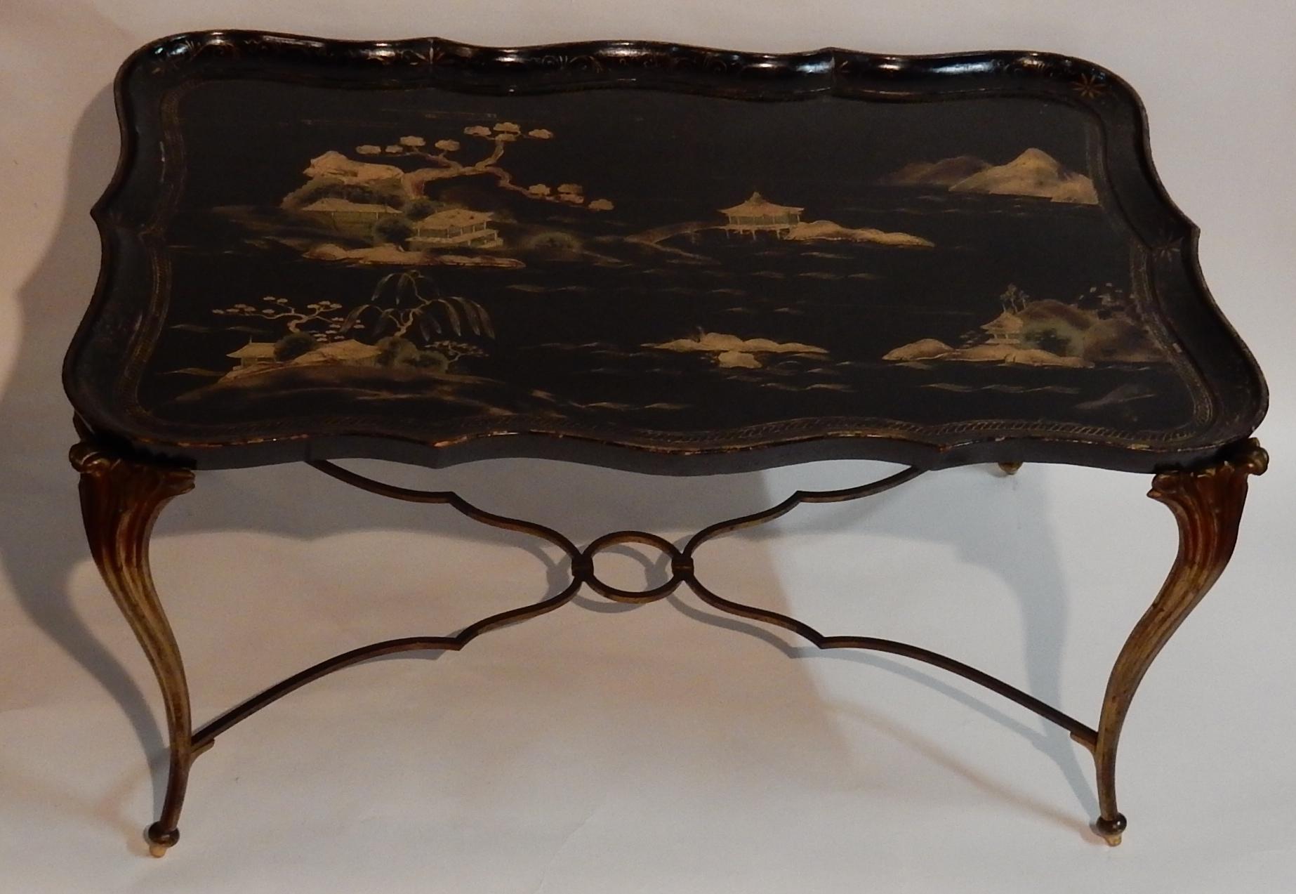 Mid-20th Century Coffee Table Tray Lacquer of China Style Maison Baguès in Gilded Bronze For Sale