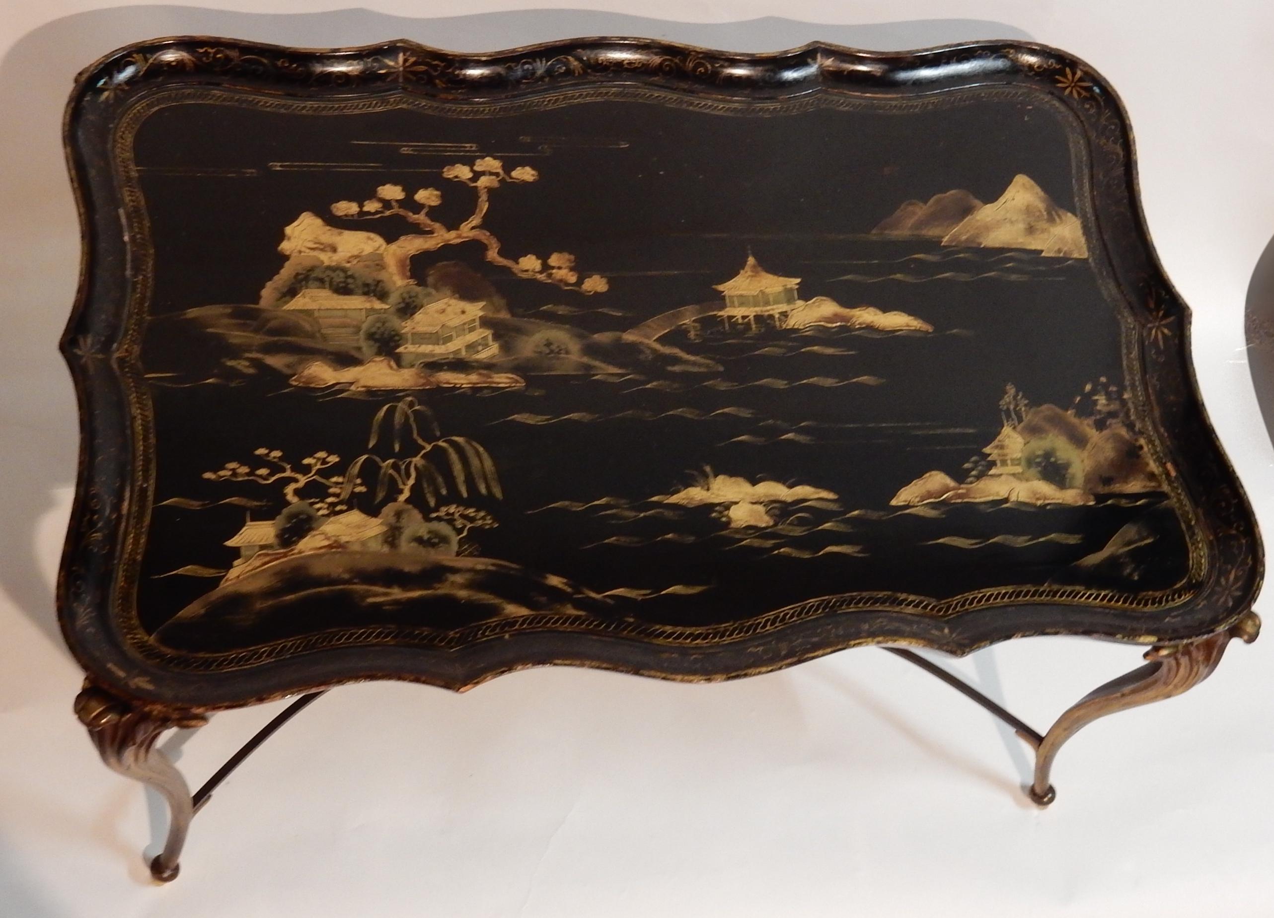 Coffee Table Tray Lacquer of China Style Maison Baguès in Gilded Bronze For Sale 1