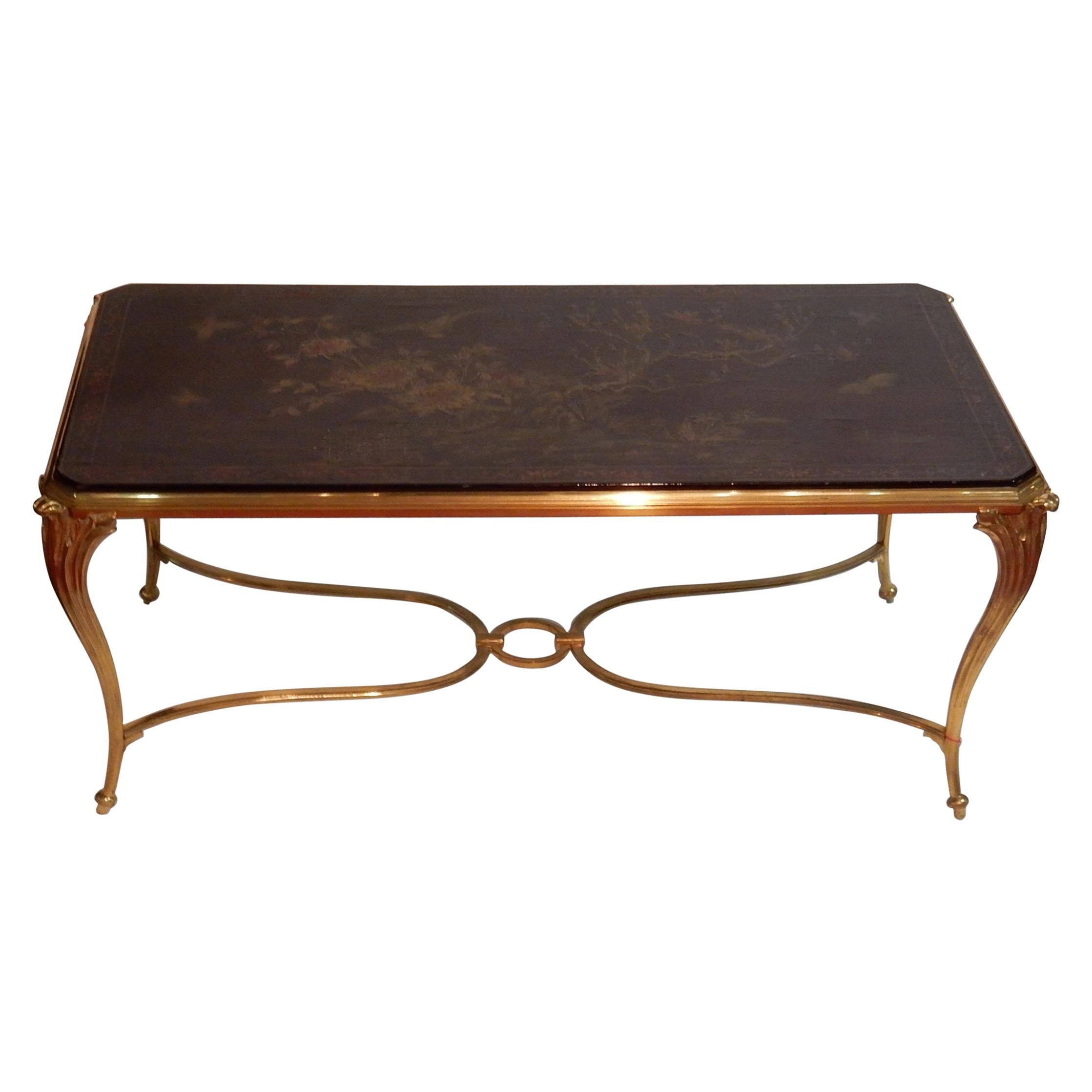 Plateau de table basse en laque de Chine Style Maison Baguès en bronze doré en vente