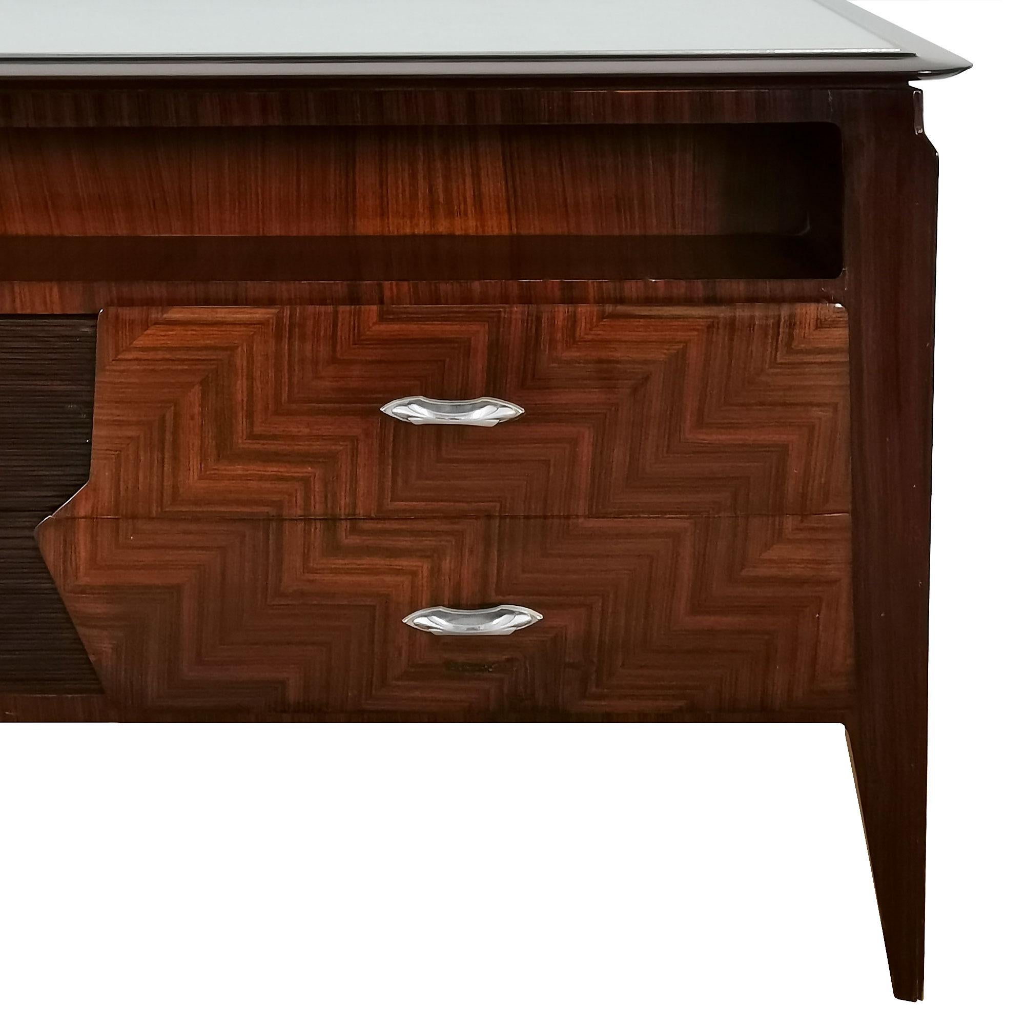 Large Mid-Century Modern Commode in Mahogany, Glass, Silver Leaf, Brass - Italy For Sale 1