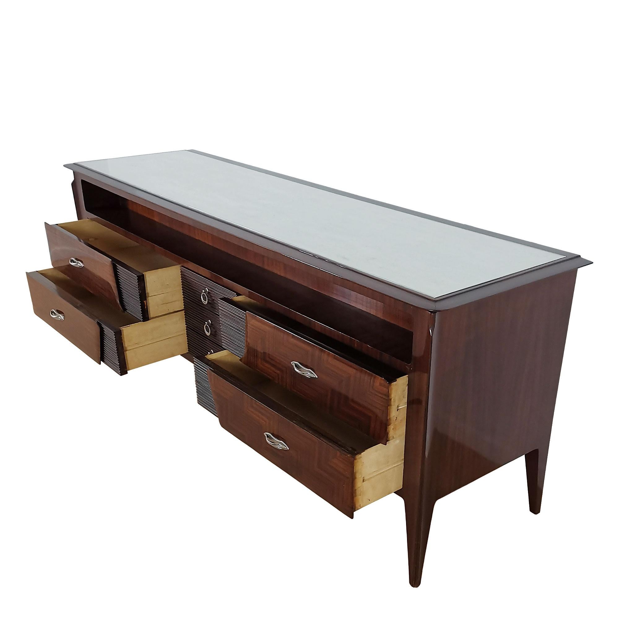Large Mid-Century Modern Commode in Mahogany, Glass, Silver Leaf, Brass - Italy For Sale 3