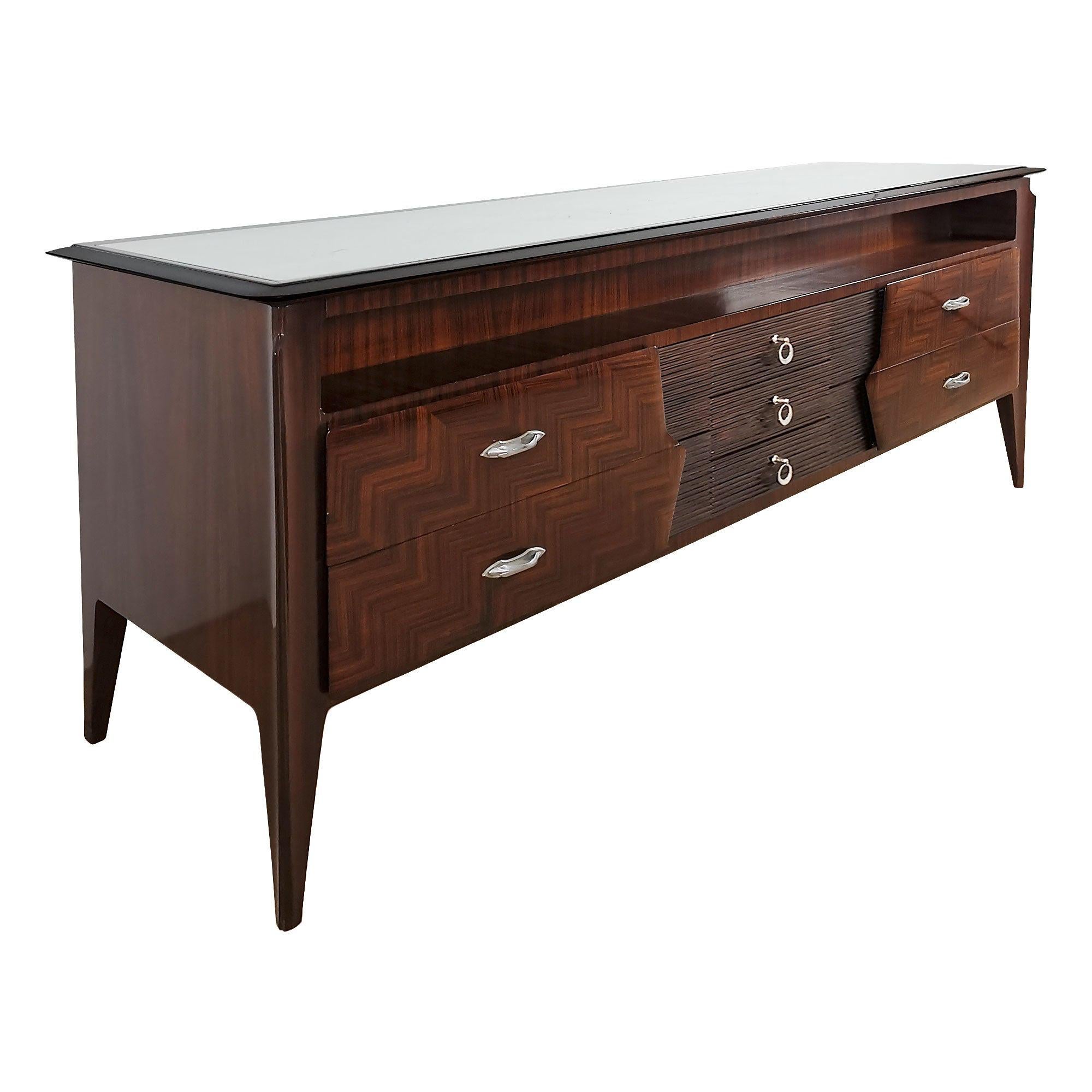 Large Mid-Century Modern Commode in Mahogany, Glass, Silver Leaf, Brass - Italy For Sale