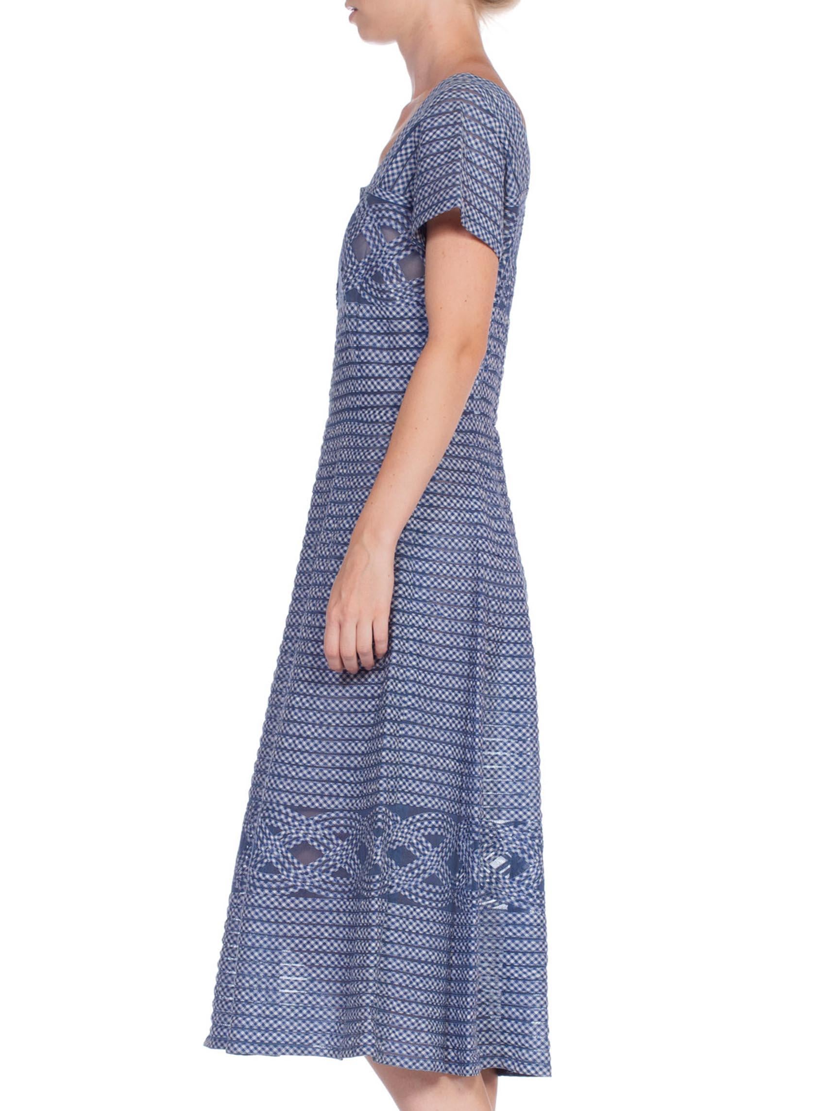 Gray 1950S KRAMER ORIGINAL Blue & White Cotton Gingham Appliqué On Net Fit And Flare For Sale