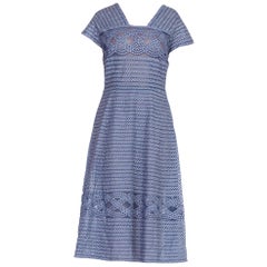 1950er Jahre KRAMER ORIGINAL Blau & Weiß Baumwolle Gingham Appliqué auf Netz Fit und Flare