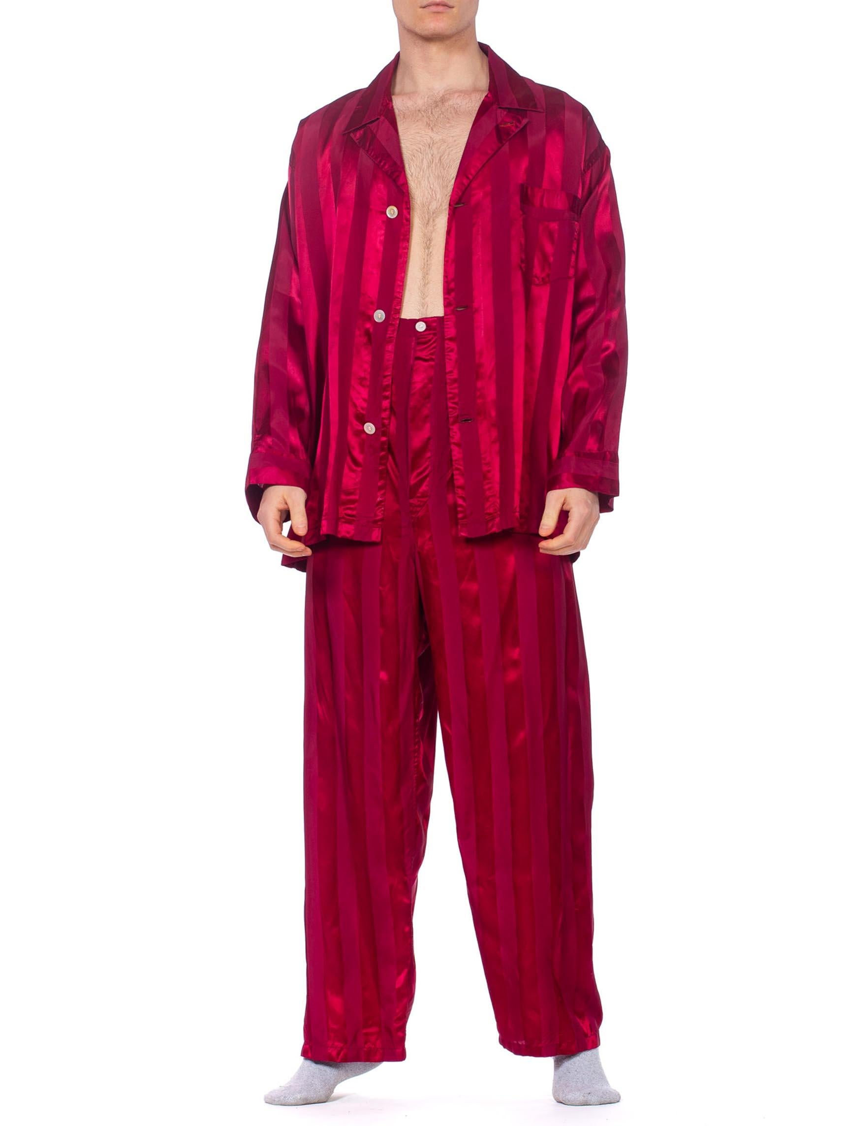Pants have elastic sides and adjustable buttons to allow for several sizes from 34 up to 42 waist. 1940S Maroon Rayon Men's Satin Stripe Pajamas Large Size