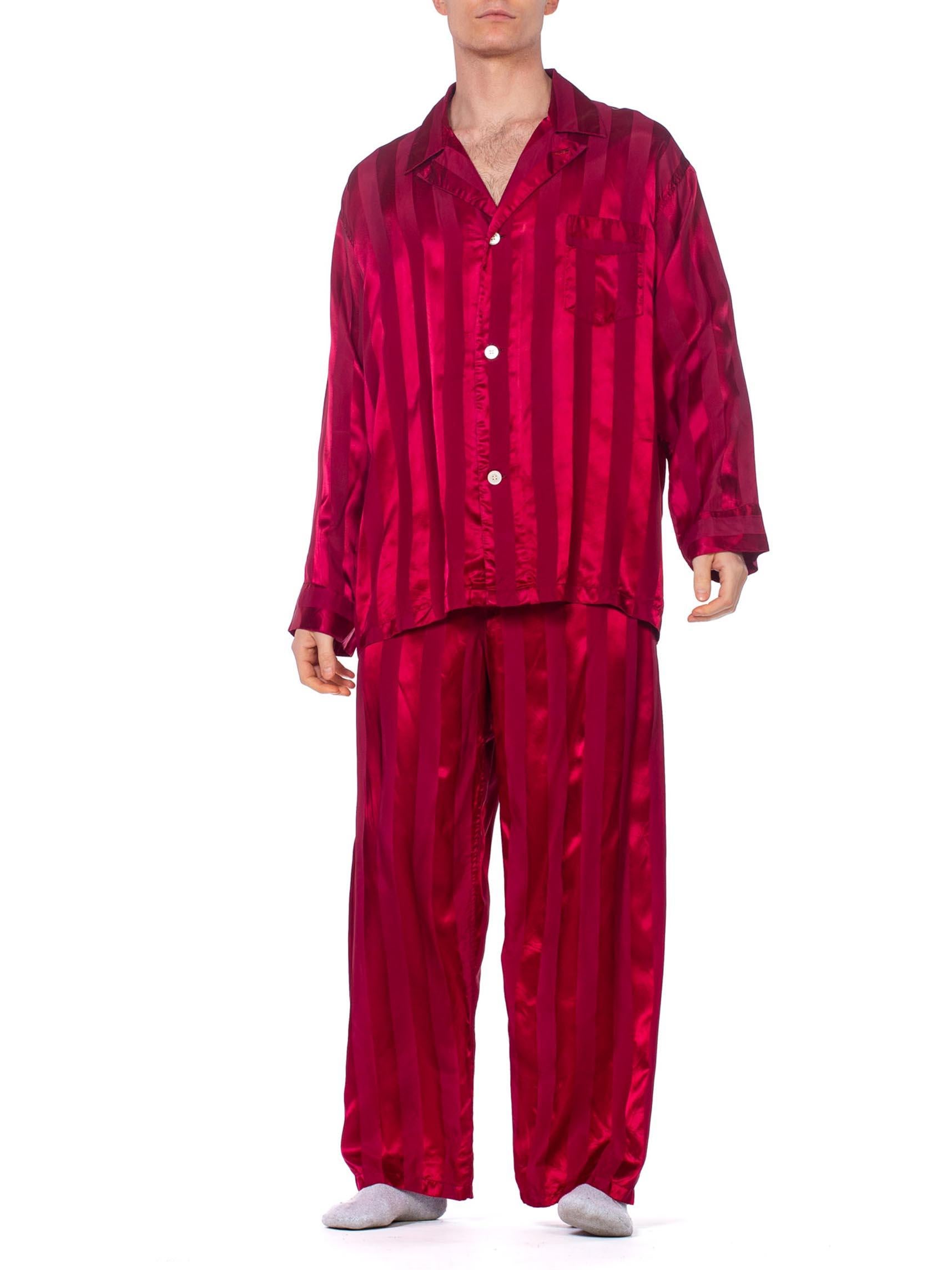 Red 1940S Maroon Rayon Men's Satin Stripe Pajamas Large Size