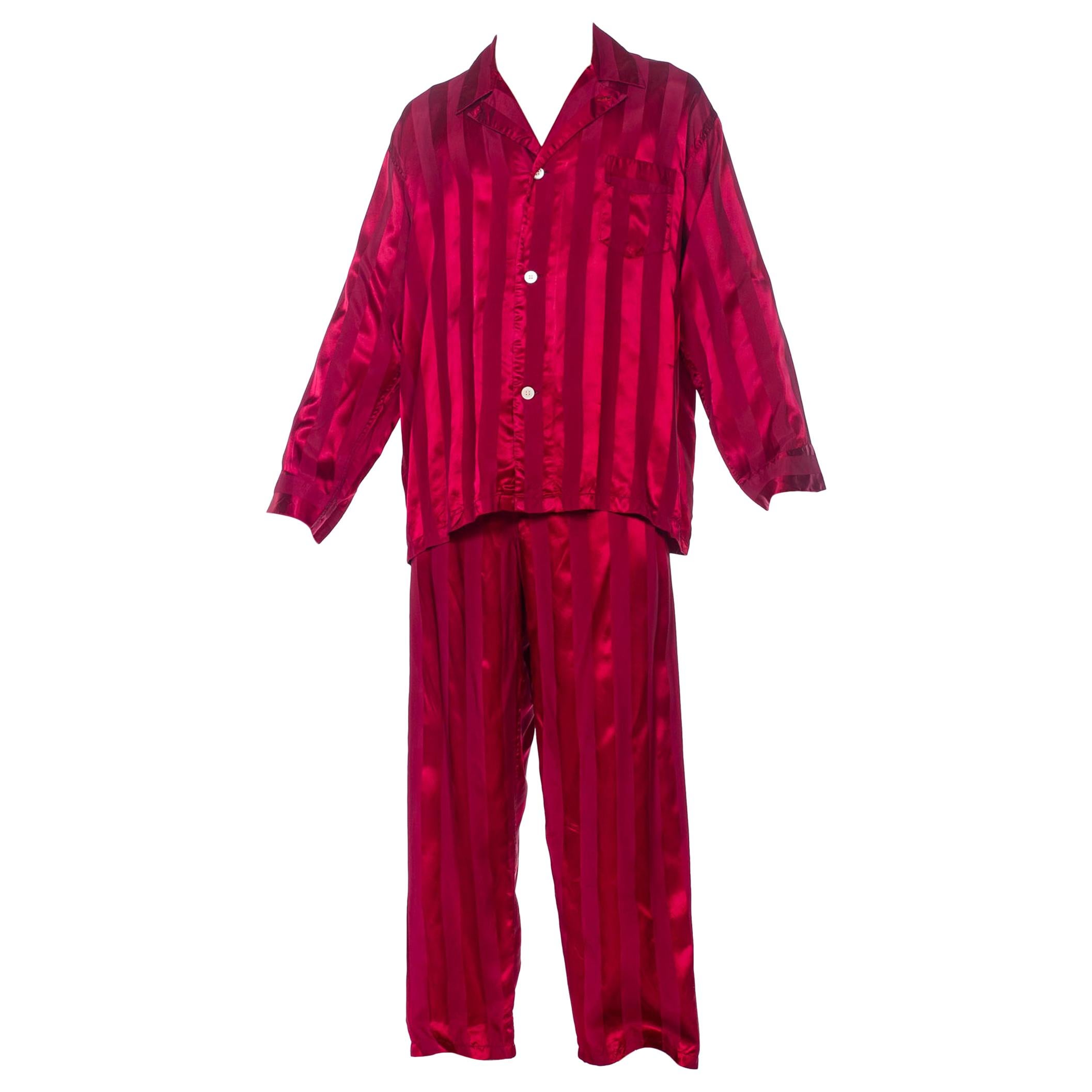 1940S Maroon Rayon Men's Satin Stripe Pajamas Large Size