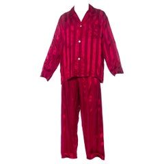 Vintage 1940S Maroon Rayon Men's Satin Stripe Pajamas Large Size