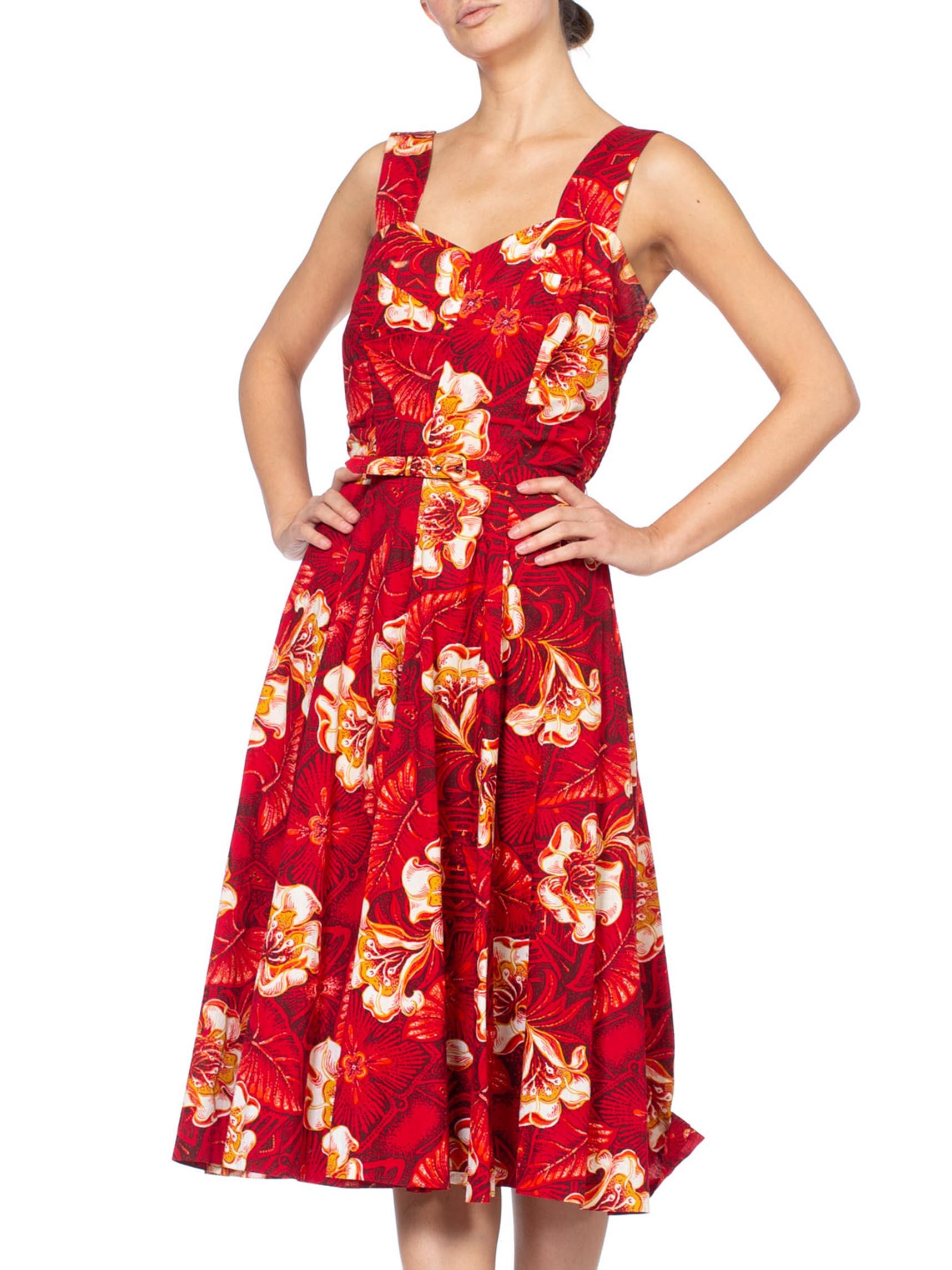 1950S Red Tropical Cotton Rockabilly Hawaiian Floral Dress 2