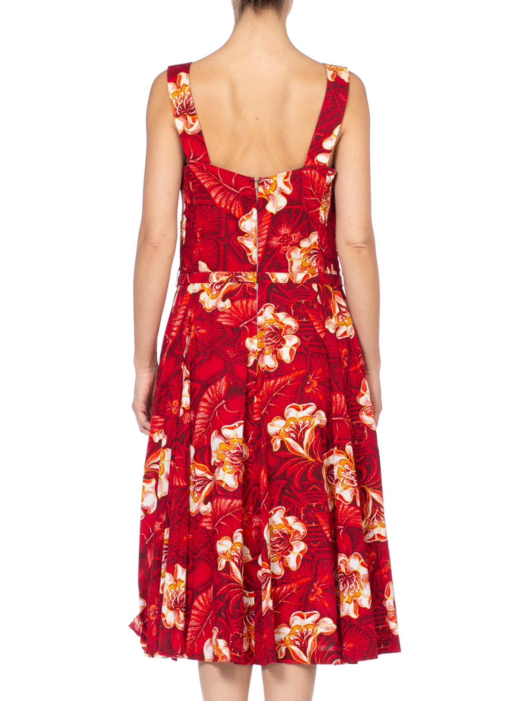 1950S Red Tropical Cotton Rockabilly Hawaiian Floral Dress 3