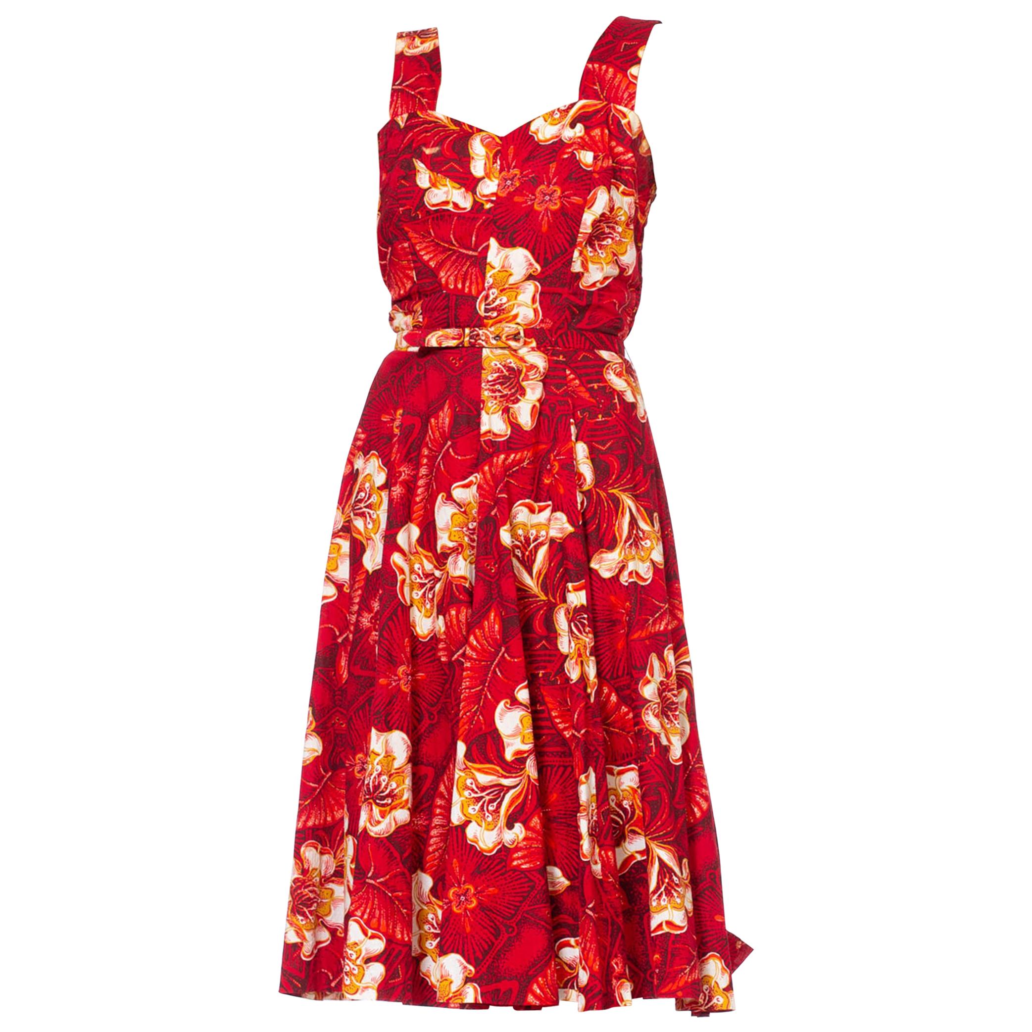 1950S Red Tropical Cotton Rockabilly Hawaiian Floral Dress