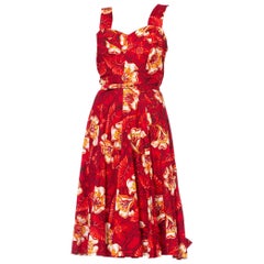 1950S Red Tropical Cotton Rockabilly Hawaiian Floral Dress