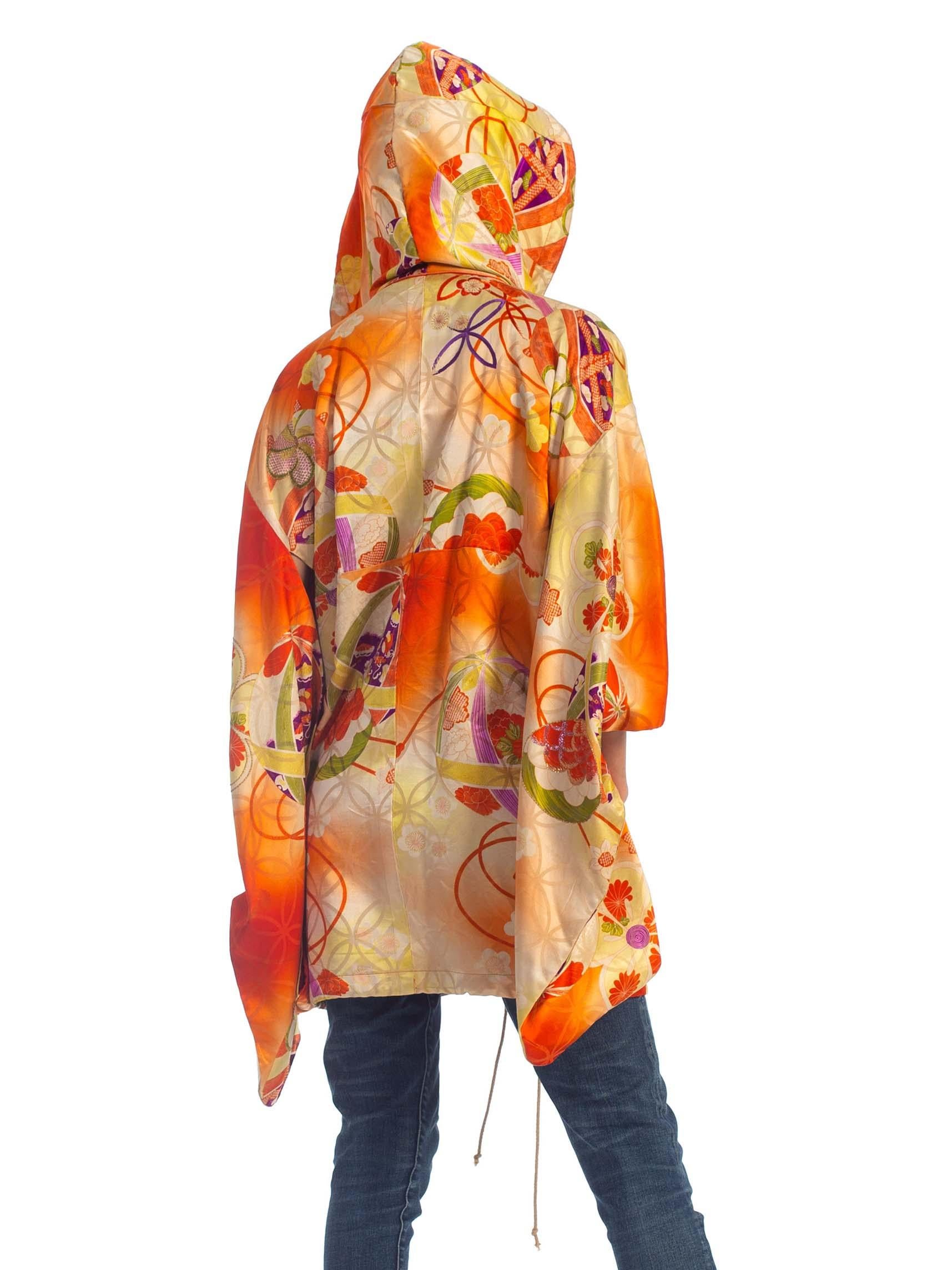 2000S Orange Silk Hoodie Made From 1940S Japanese Kimono 4