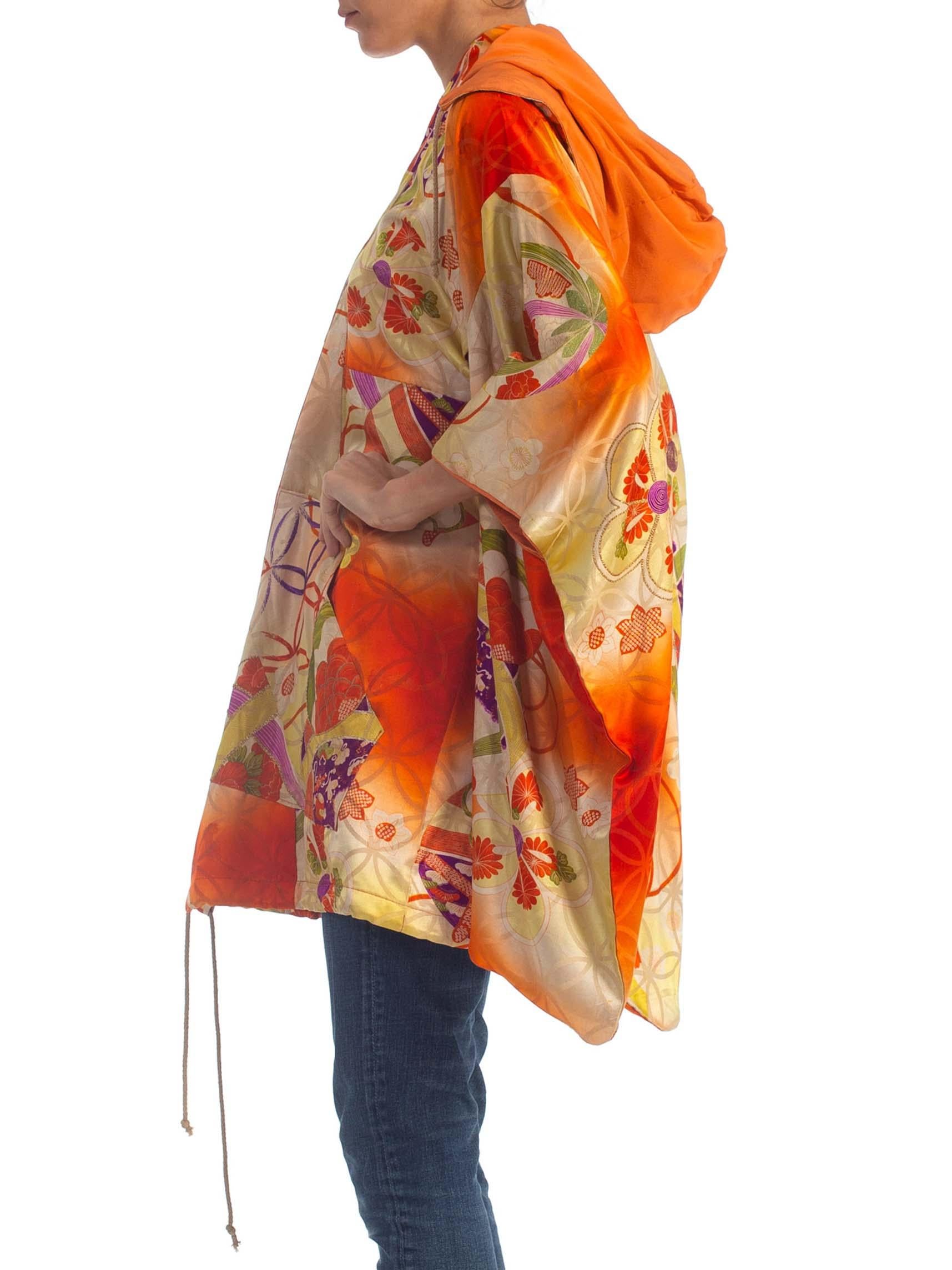 Women's 2000S Orange Silk Hoodie Made From 1940S Japanese Kimono