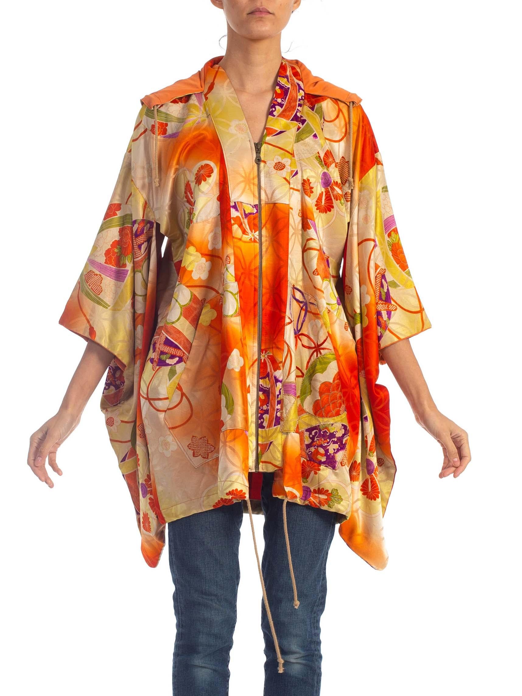 2000S Orange Silk Hoodie Made From 1940S Japanese Kimono 1