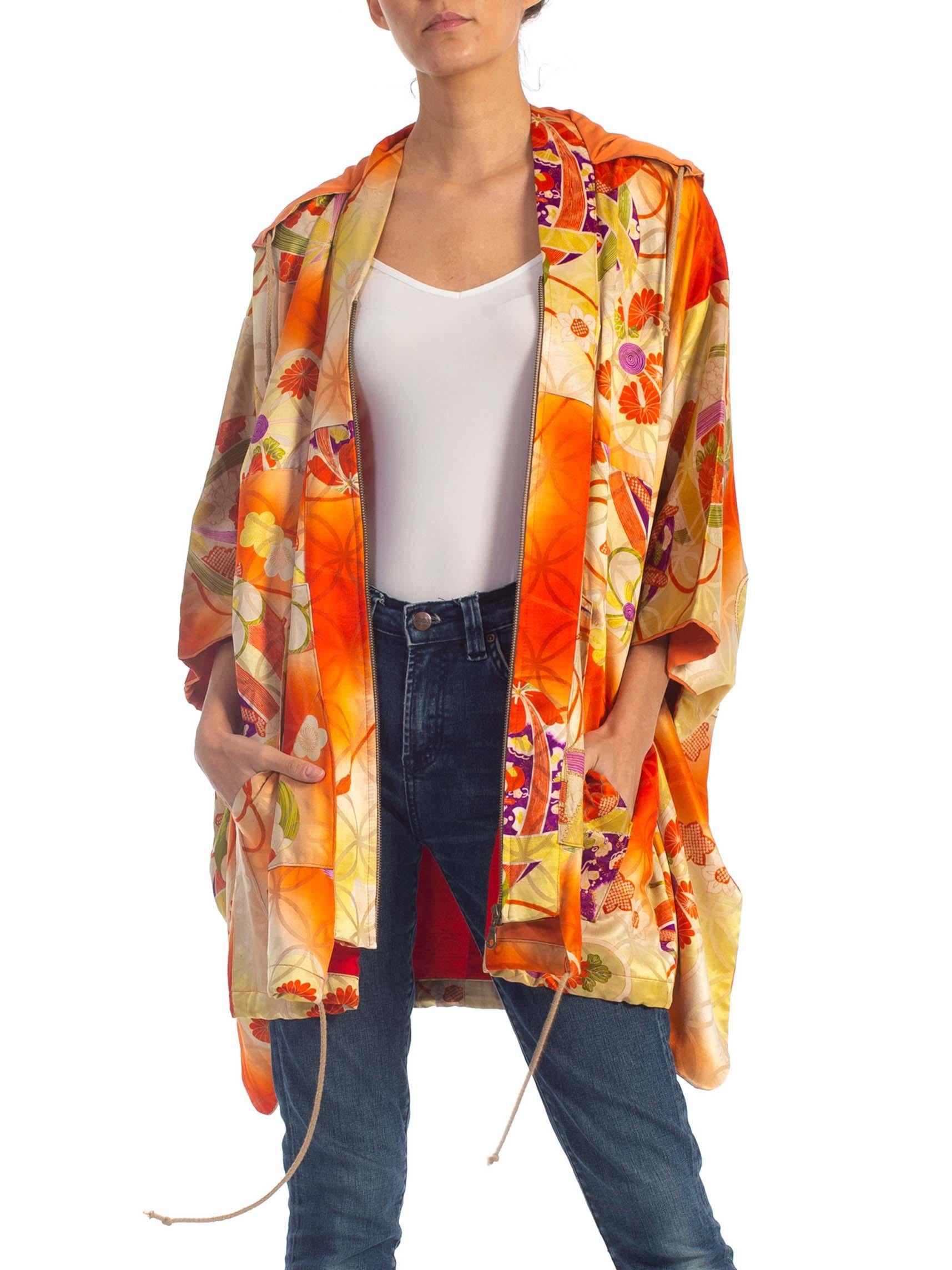 2000S Orange Silk Hoodie Made From 1940S Japanese Kimono 2