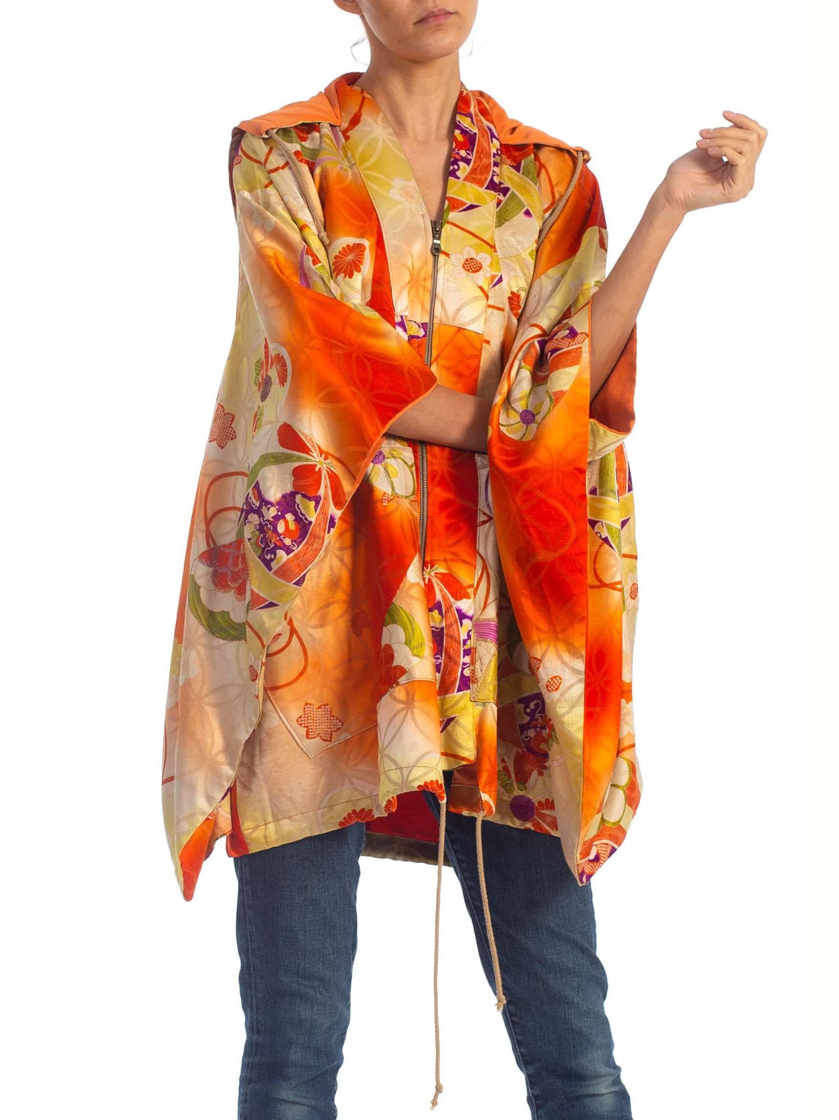 2000S Orange Silk Hoodie Made From 1940S Japanese Kimono 3