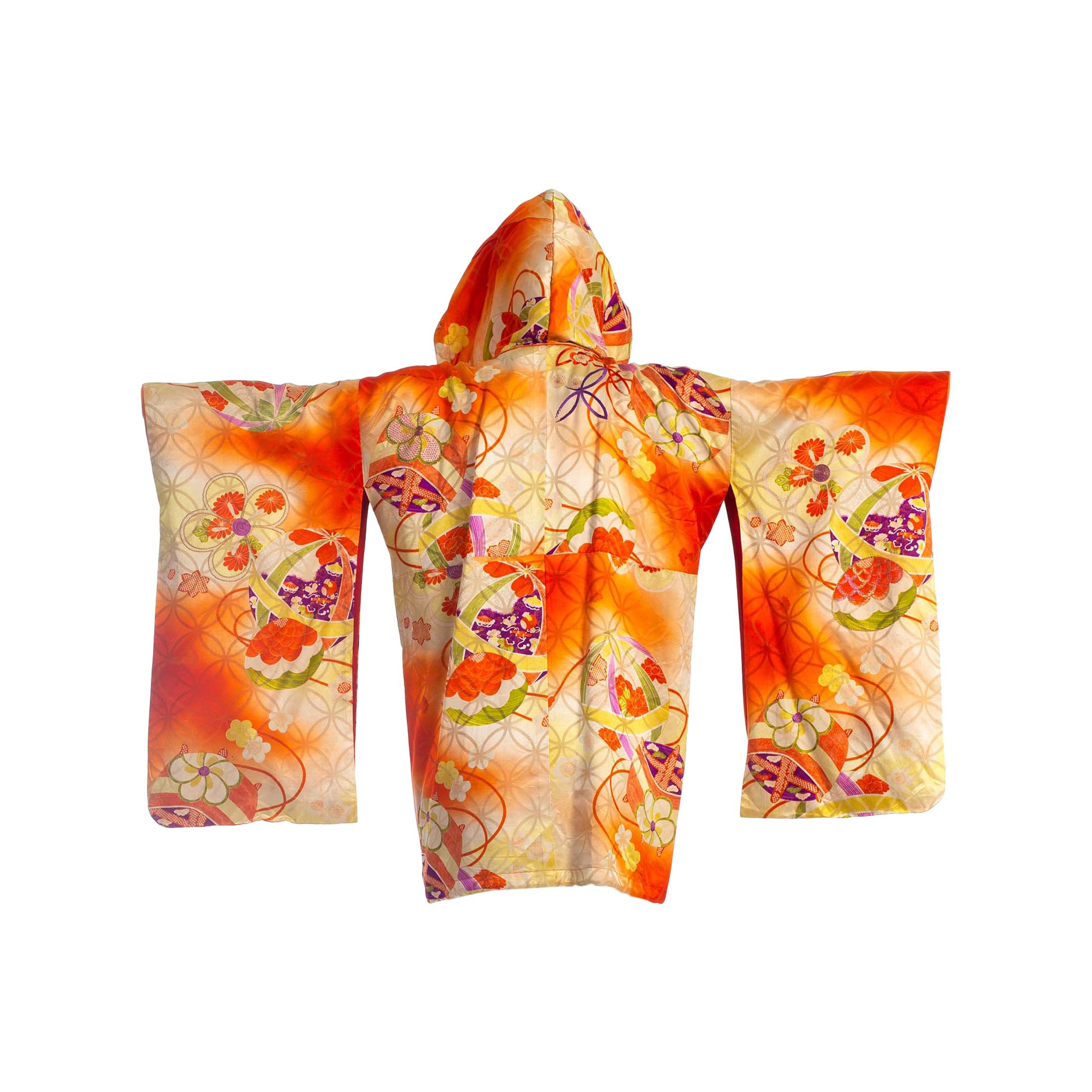 2000S Orange Silk Hoodie Made From 1940S Japanese Kimono
