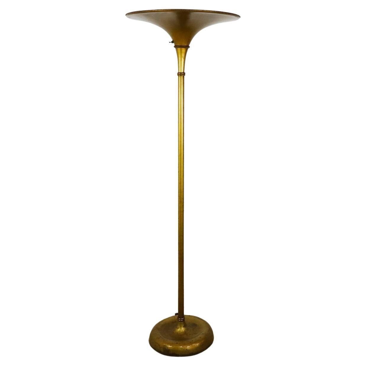 Art Deco Gold-Tone Aluminum Torchiere Floor Lamp, 1940  For Sale
