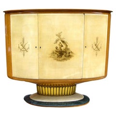 1940 Art Deco Italian Antique Cream Parchment & Birds Eye Maple Cabinet/Bar