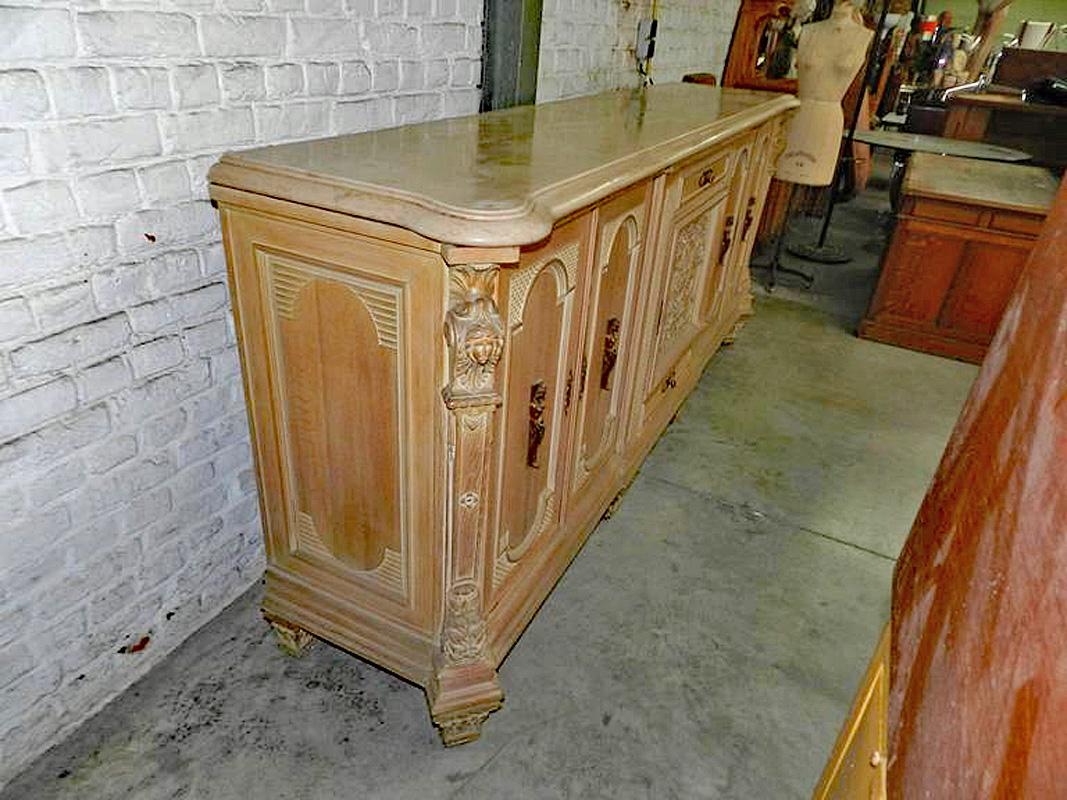 French 1940 Art Deco Whiten Oak, Marble and Brass Sideboard For Sale