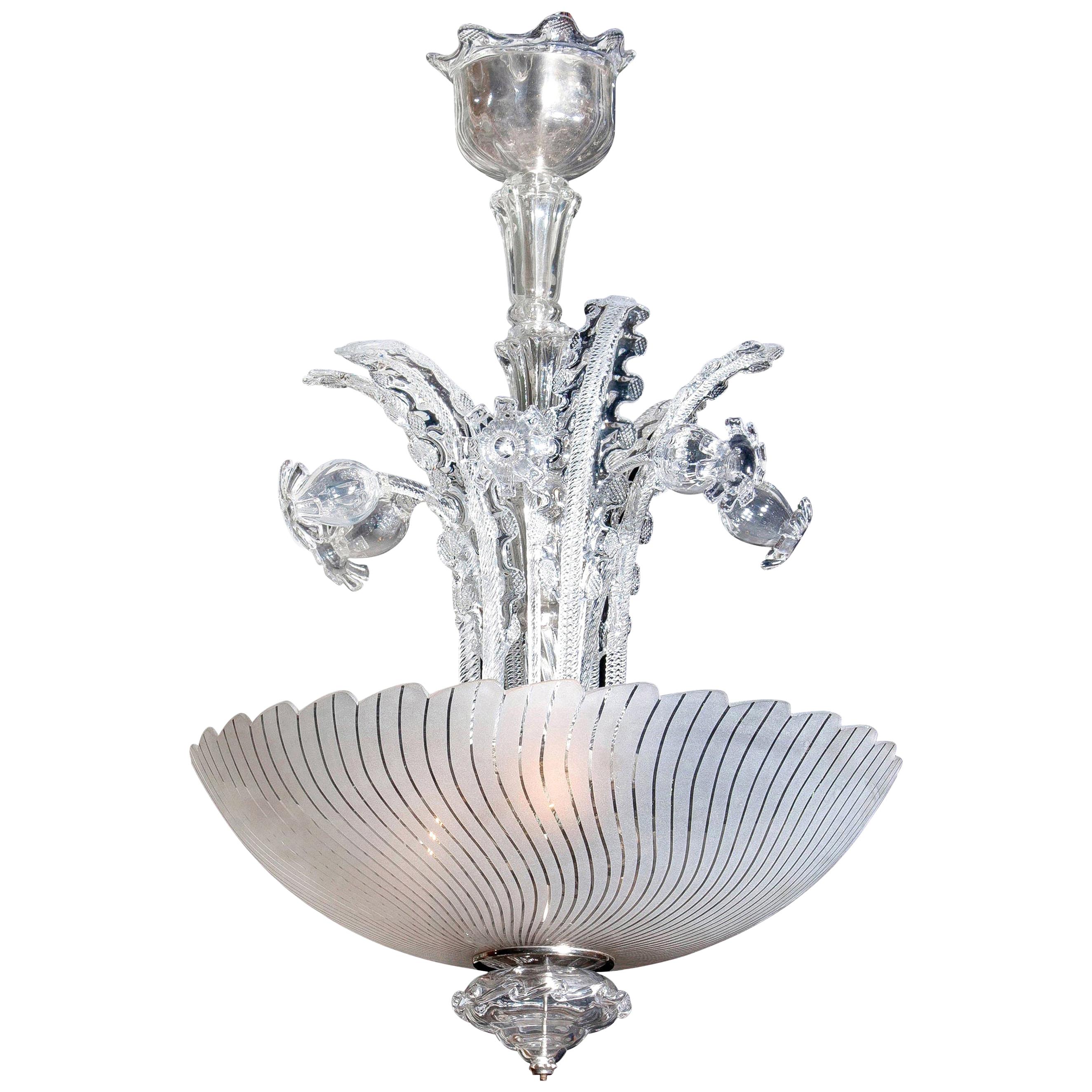 1940, beautiful Art Nouveau crystal / art glass (partly mouth blown) chandelier
by Fritz Kurz for Orrefors, Sweden.
All in original and good condition. (One small chip at the top of the pendal. See photo) 

This chandelier will be delivered with