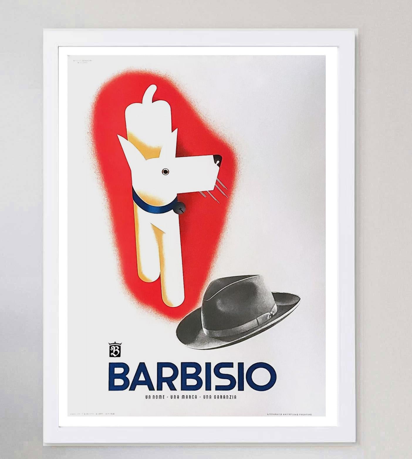 Beautiful piece from 1940 for Barbisio Hats featuring stunning artwork. This charming poster with artwork from St. Mingozzi depicts a small white dog walking up to a Barbisio hat and has vibrant colour.

Barbisio have been producing handmade hats