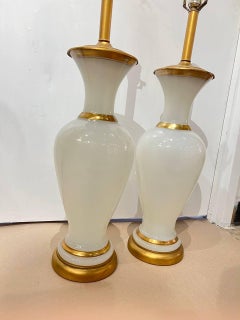 Pair 1940 Large White Opaline Glass Table Lamps
