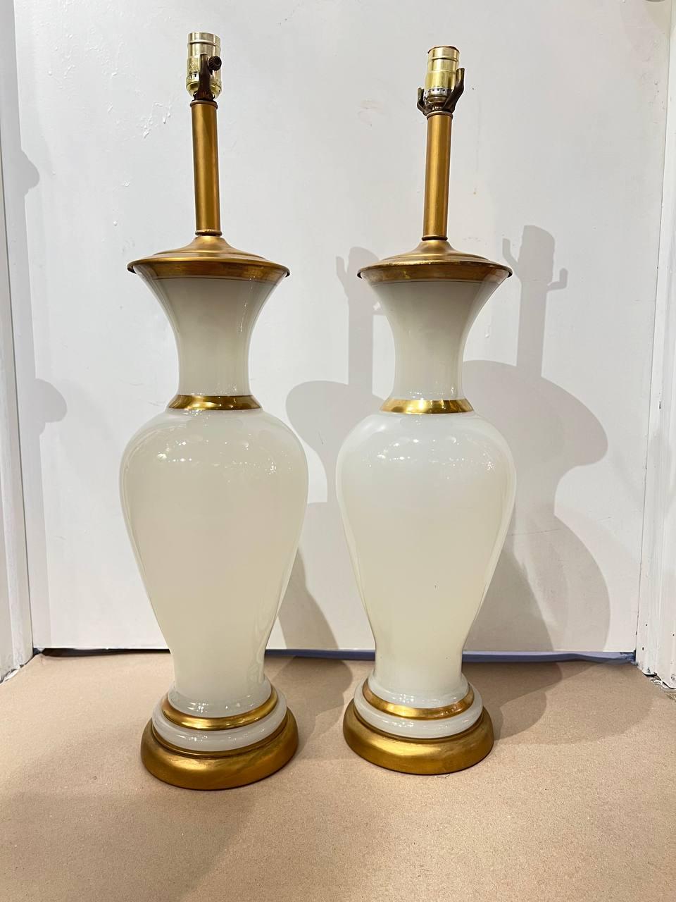 French Pair 1940 Big White Opaline Glass Table Lamps For Sale