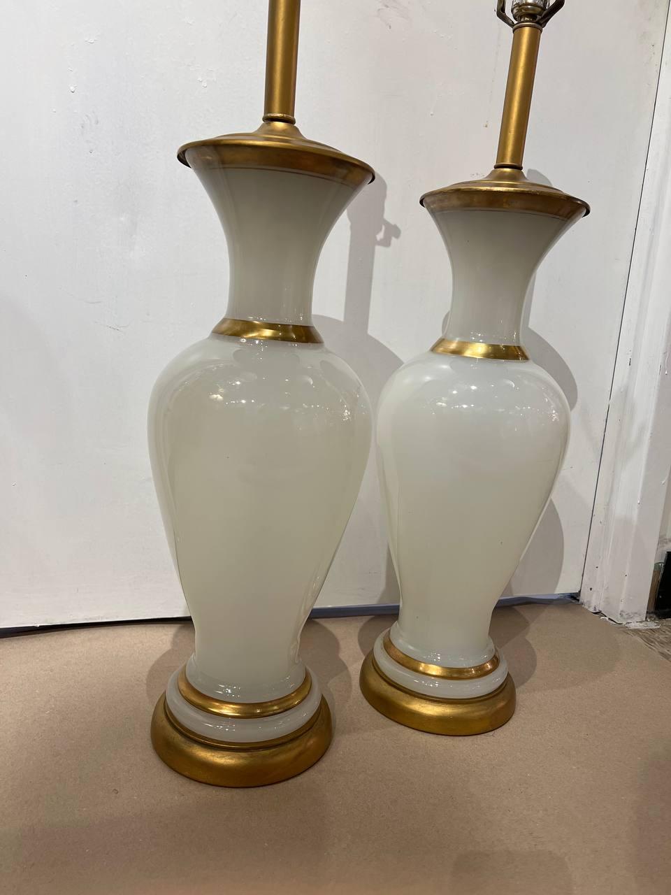 Pair 1940 Big White Opaline Glass Table Lamps In Good Condition For Sale In New York, NY