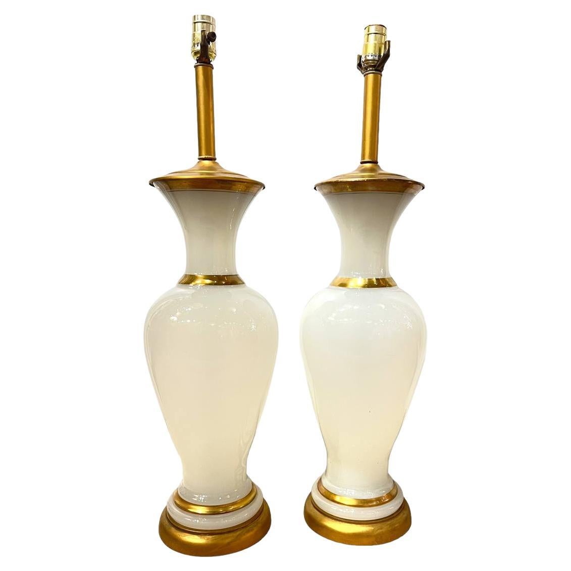 Pair 1940 Big White Opaline Glass Table Lamps For Sale