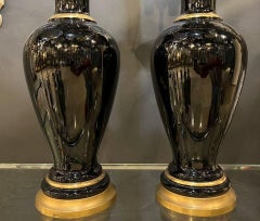 1940 Large Black Opaline Glass Table Lamps