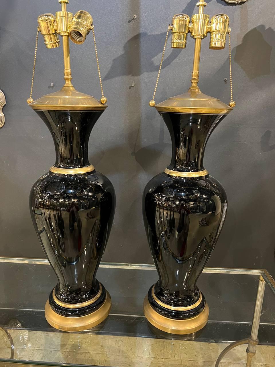 French Provincial 1940 Black Opaline Glass Table Lamps For Sale