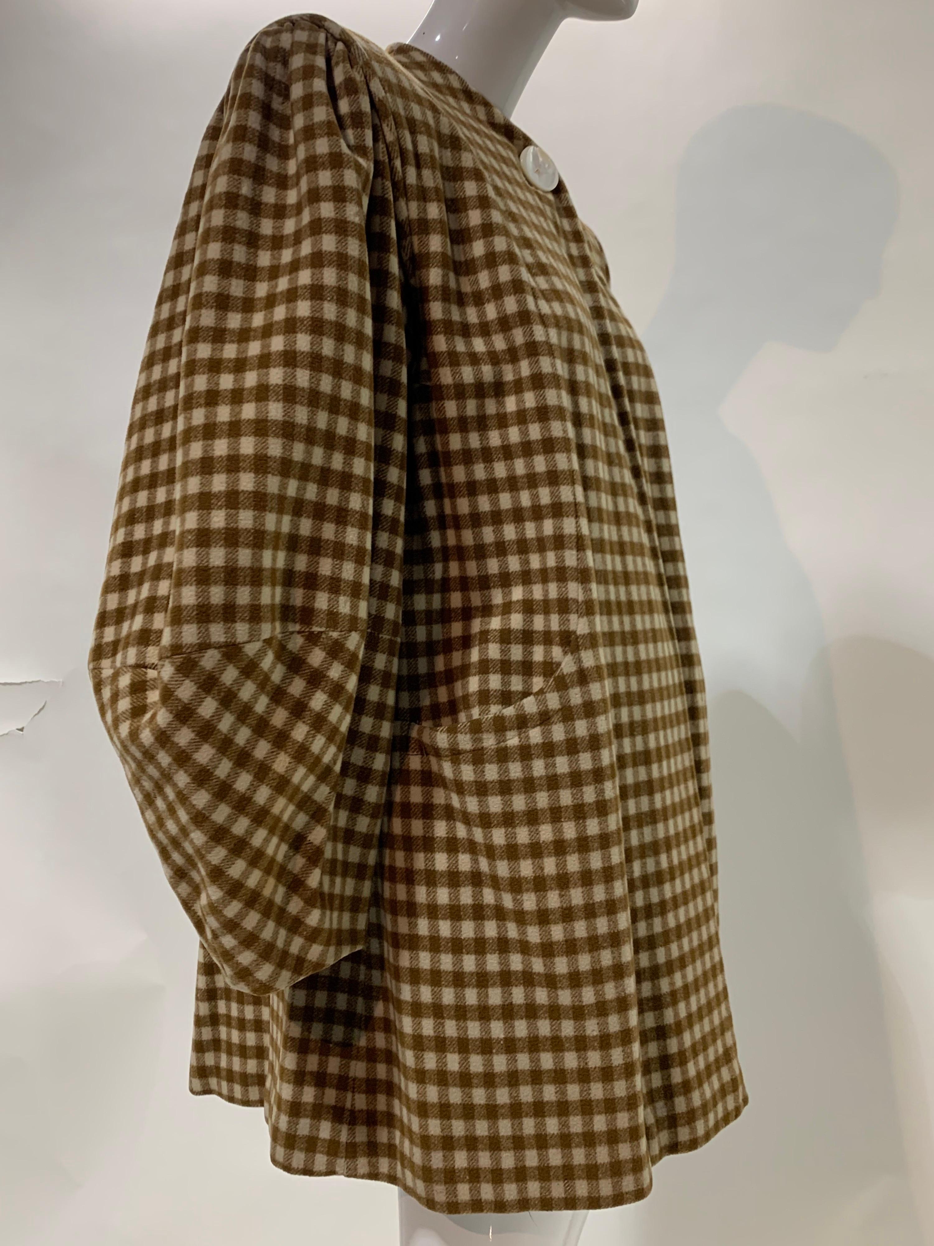 Brown 1940 Caramel Check Wool Swing Coat W/ Lantern Cut Sleeve & Structured Shoulders For Sale