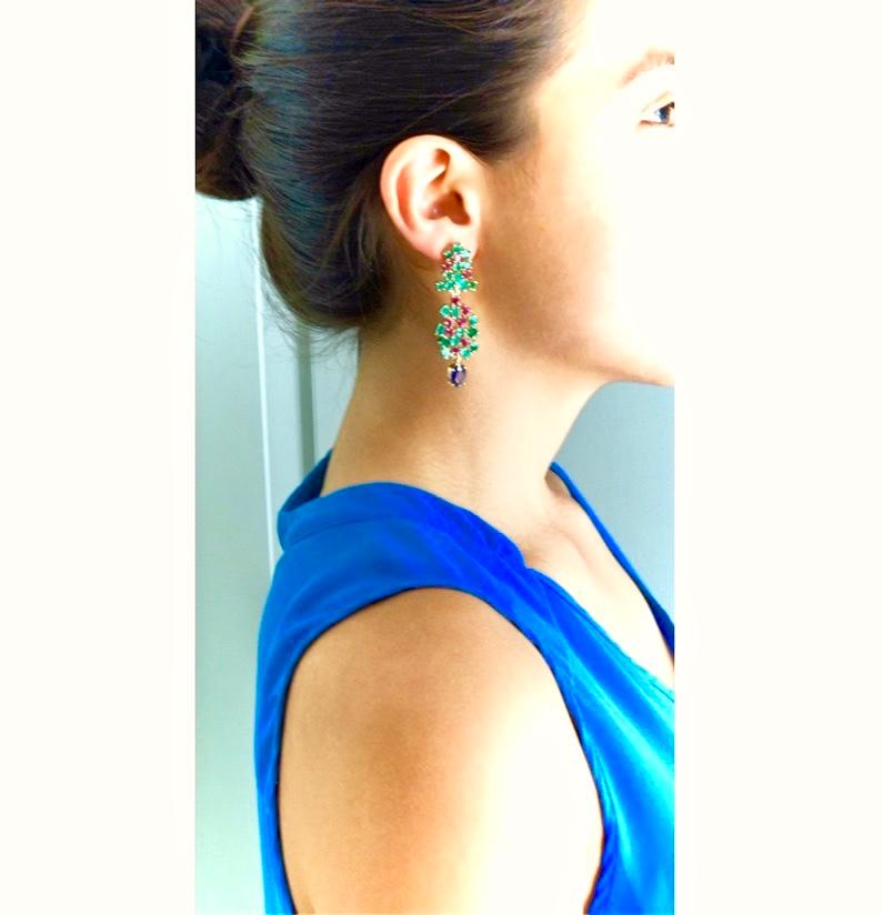 Women's  19.36 Carat Sapphire, Emerald, Ruby Chandeliers Earrings One of a Kind  For Sale