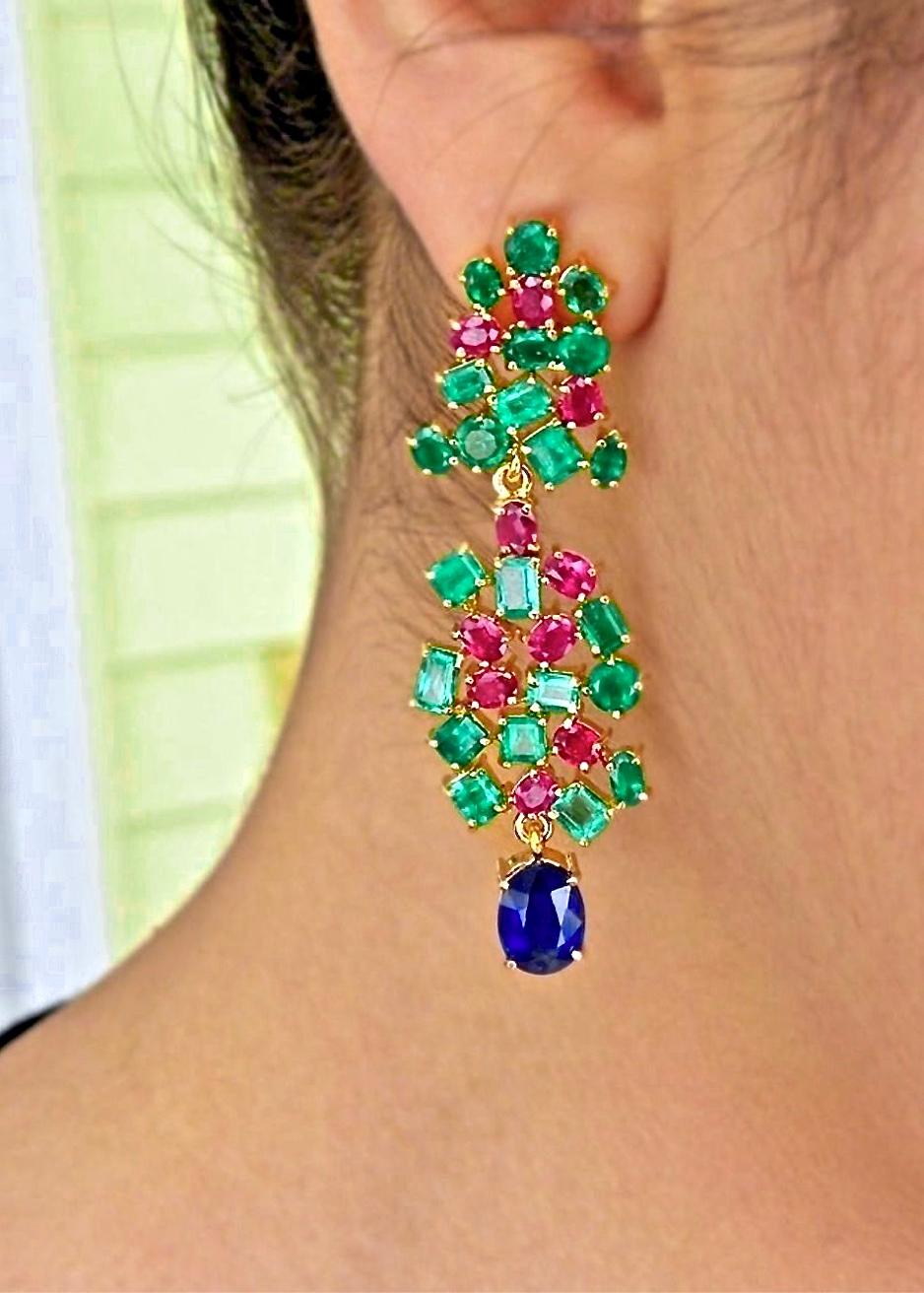 19.36 Carat Sapphire, Emerald, Ruby Chandeliers Earrings One of a Kind For Sale 4