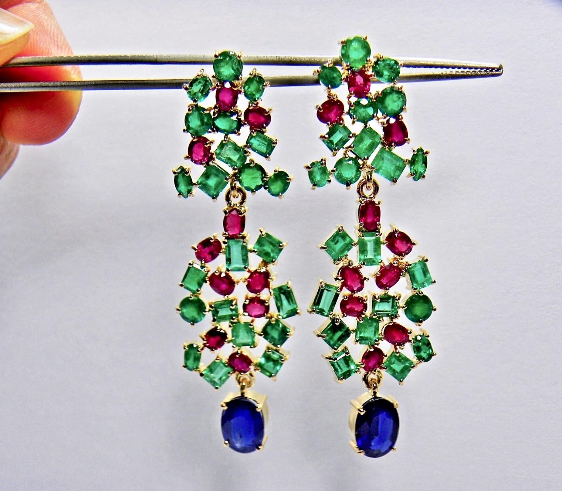  19.36 Carat Sapphire, Emerald, Ruby Chandeliers Earrings One of a Kind  For Sale 3