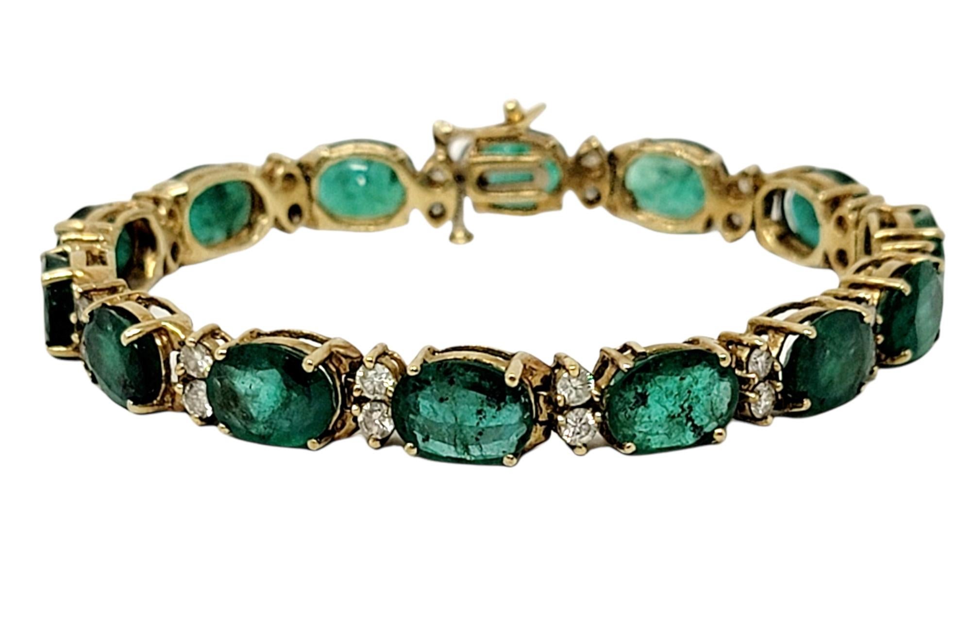 Contemporary 19.40 Carats Oval Mixed Cut Emerald and Diamond Line Bracelet in 14 Karat Gold