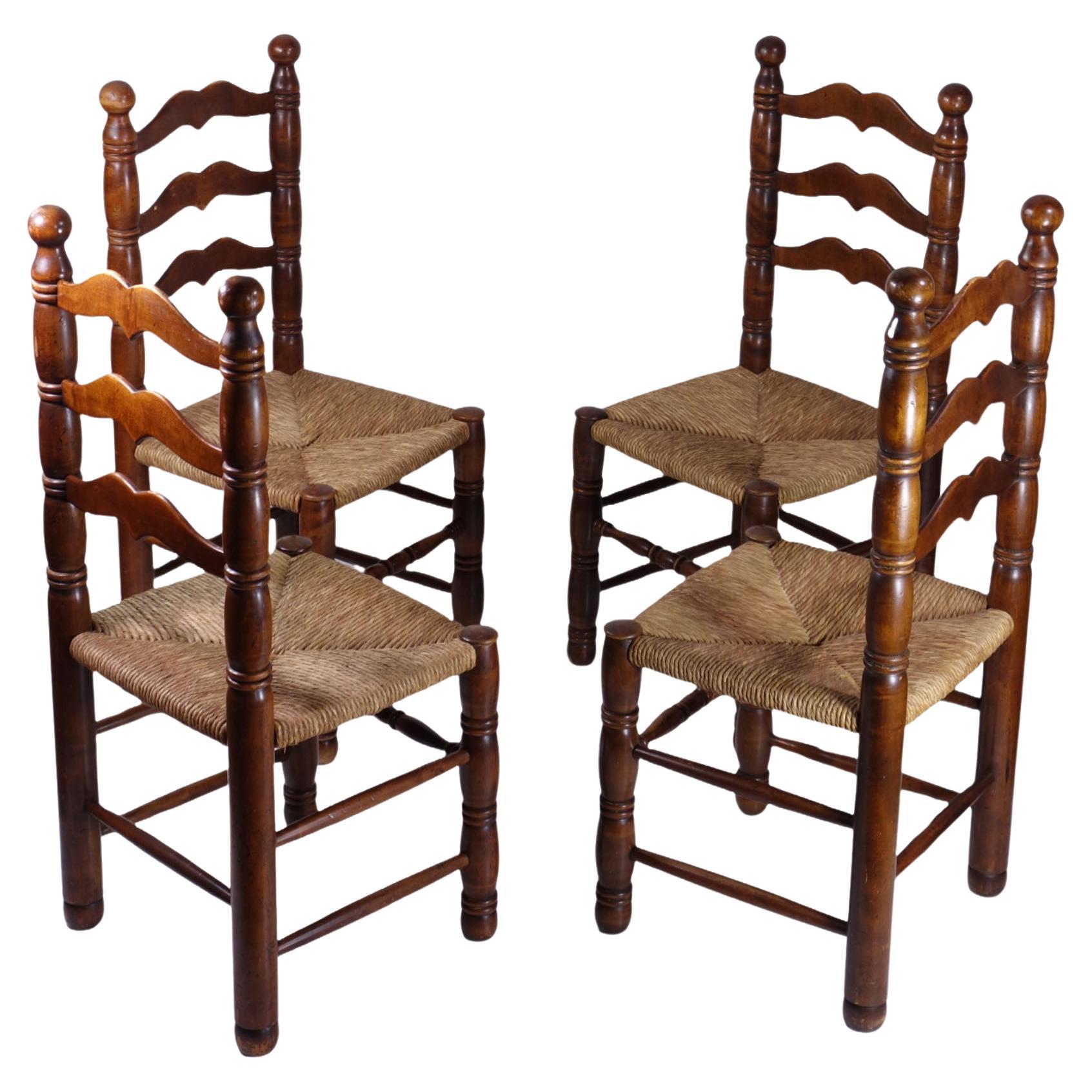 1940 Charles Dudouyt French Design Wicker and Oak Chairs Set of 4