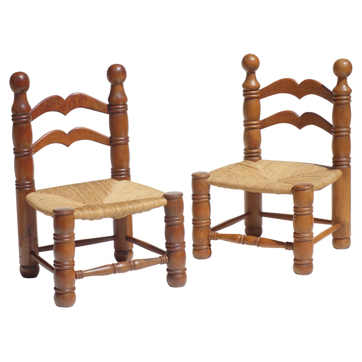 1940 Charles Dudouyt Wicker and Oak Pair of Chair